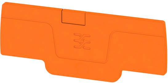 Ein orangefarbenes rechteckiges Kunststoffteil mit geprägtem Logo in der Mitte, wahrscheinlich ein technisches Bauteil oder Abdeckung.