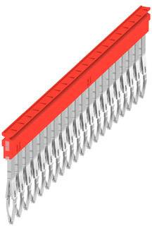 Illustration einer Reihe von Nägeln, die an einem roten Streifen befestigt sind, vermutlich für ein Nagelgerät bestimmt.