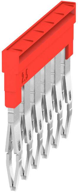 Roter Stecker mit sechs metallischen Kontakten, nummeriert mit '2.5', angedeutet für elektronische oder elektrische Anwendungen.