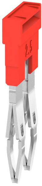 Ein roter Kunststoffstecker mit zwei metallischen Kontakten. Oben steht '2.5'. Der Stecker ist für elektrische Verbindungen bestimmt.