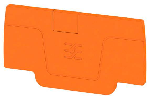 Ein orangefarbenes Kunststoffteil mit einem eingeprägten Symbol in der Mitte, möglicherweise ein Abdeckelement oder Gehäuse.