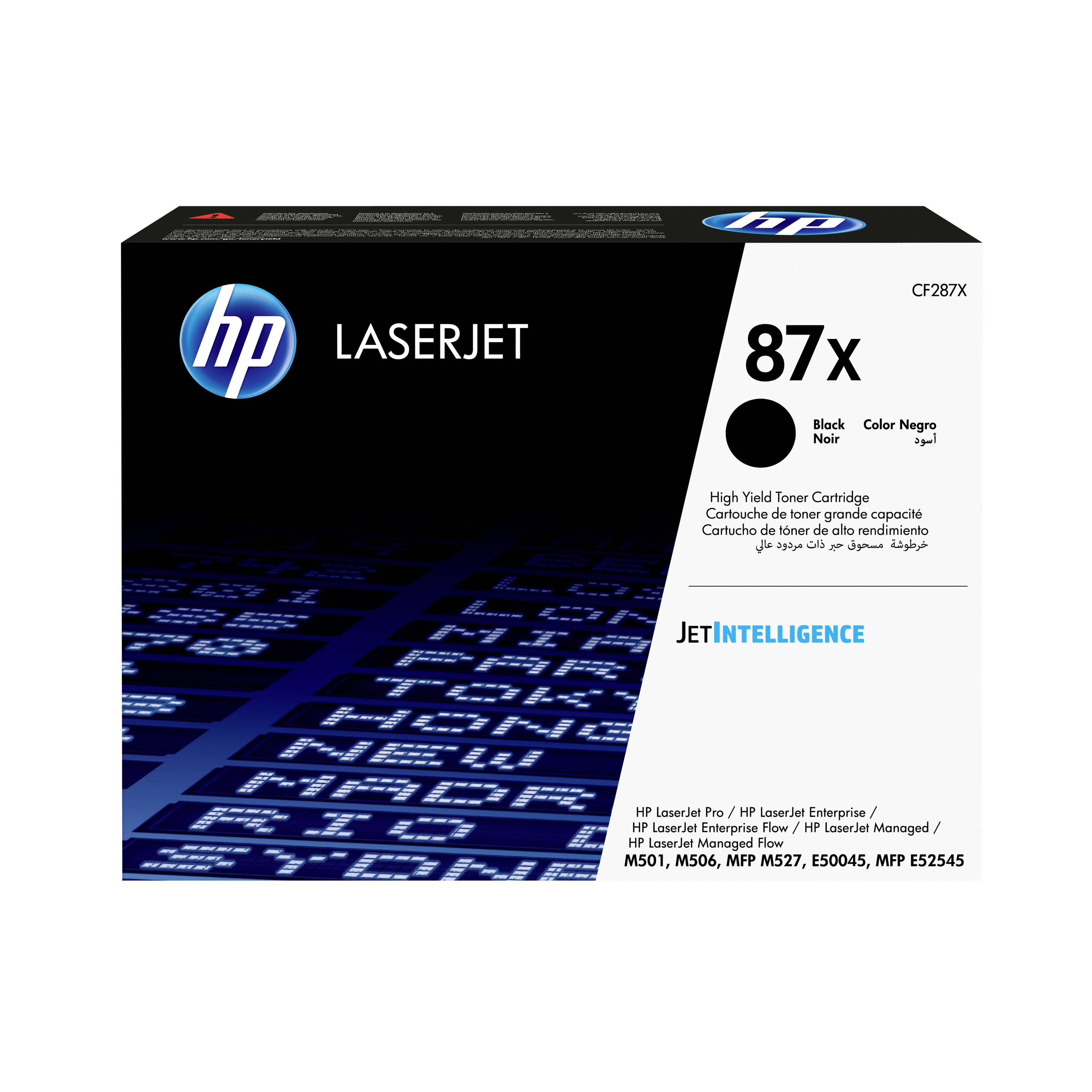 HP LaserJet 87x Schwarztoner-Patrone Box, mit der Bezeichnung CF287X für LaserJet Pro und Enterprise-Drucker.