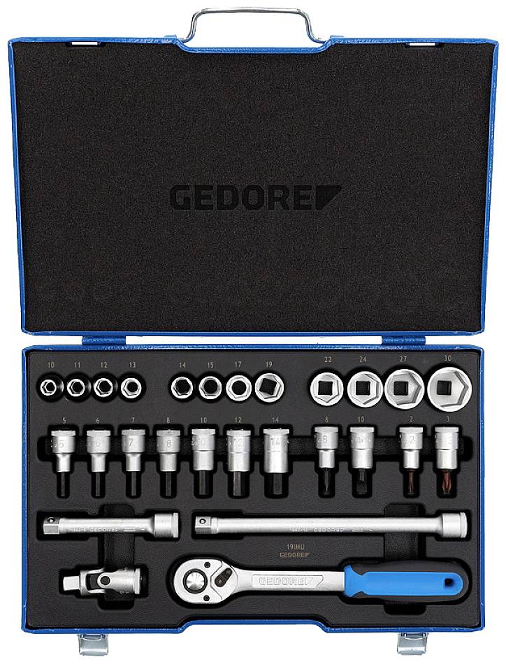 Ein blauer Werkzeugkoffer von Gedore mit Ratschen-Set, Steckschlüsseln und Verlängerungen in verschiedenen Größen.