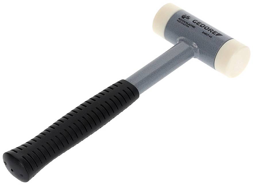 Gummihammer mit robustem, schwarzem Griff und weißem, doppelseitigem Kopf. Geeignet für Arbeiten, bei denen keine Spuren hinterlassen werden sollen.
