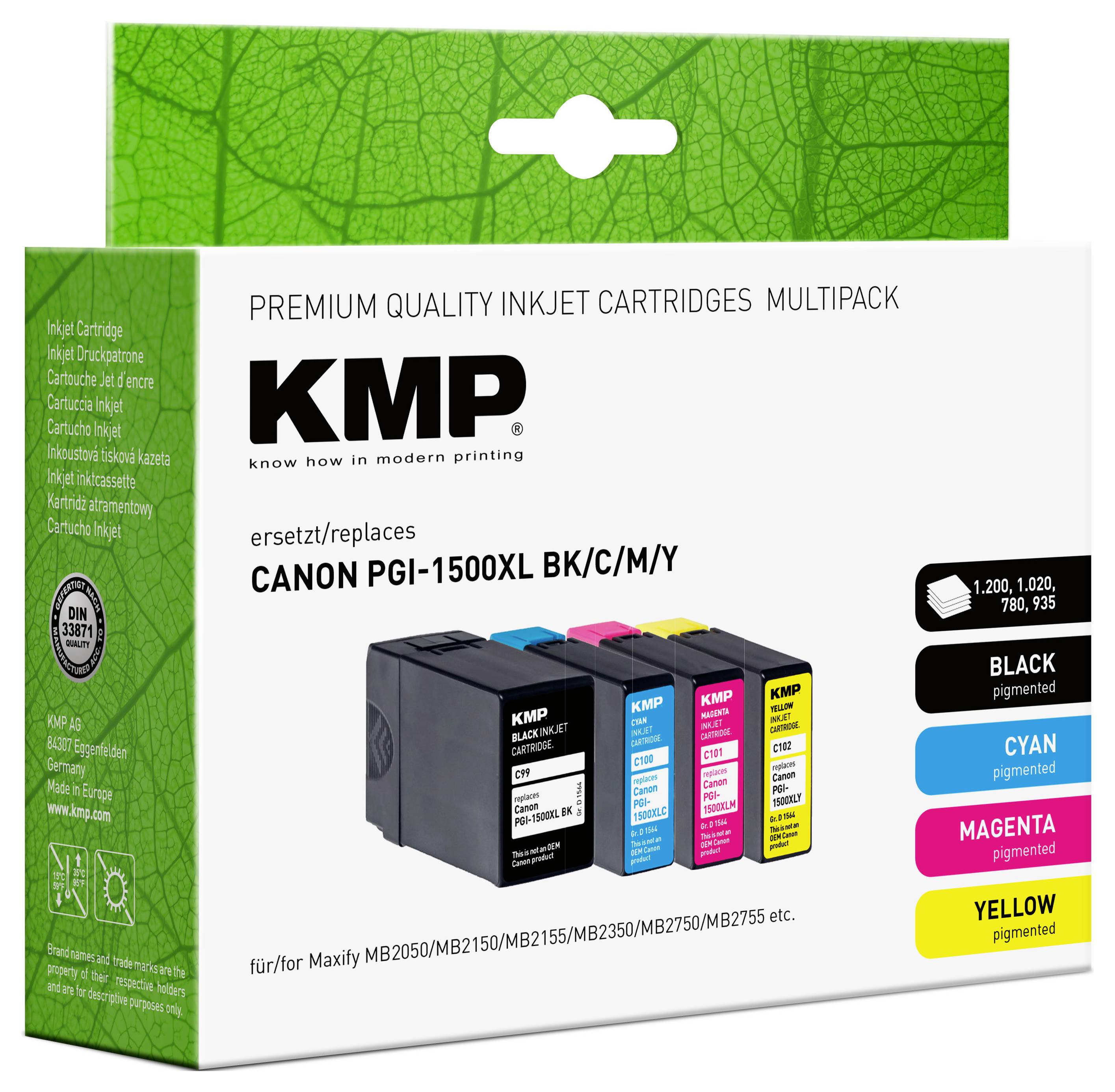 KMP Druckerpatrone ersetzt Canon PGI-1500BK XL, PGI-1500C XL, PGI-1500M XL, PGI-1500Y XL Kompatibel Kombi-Pack Schwarz, Cyan