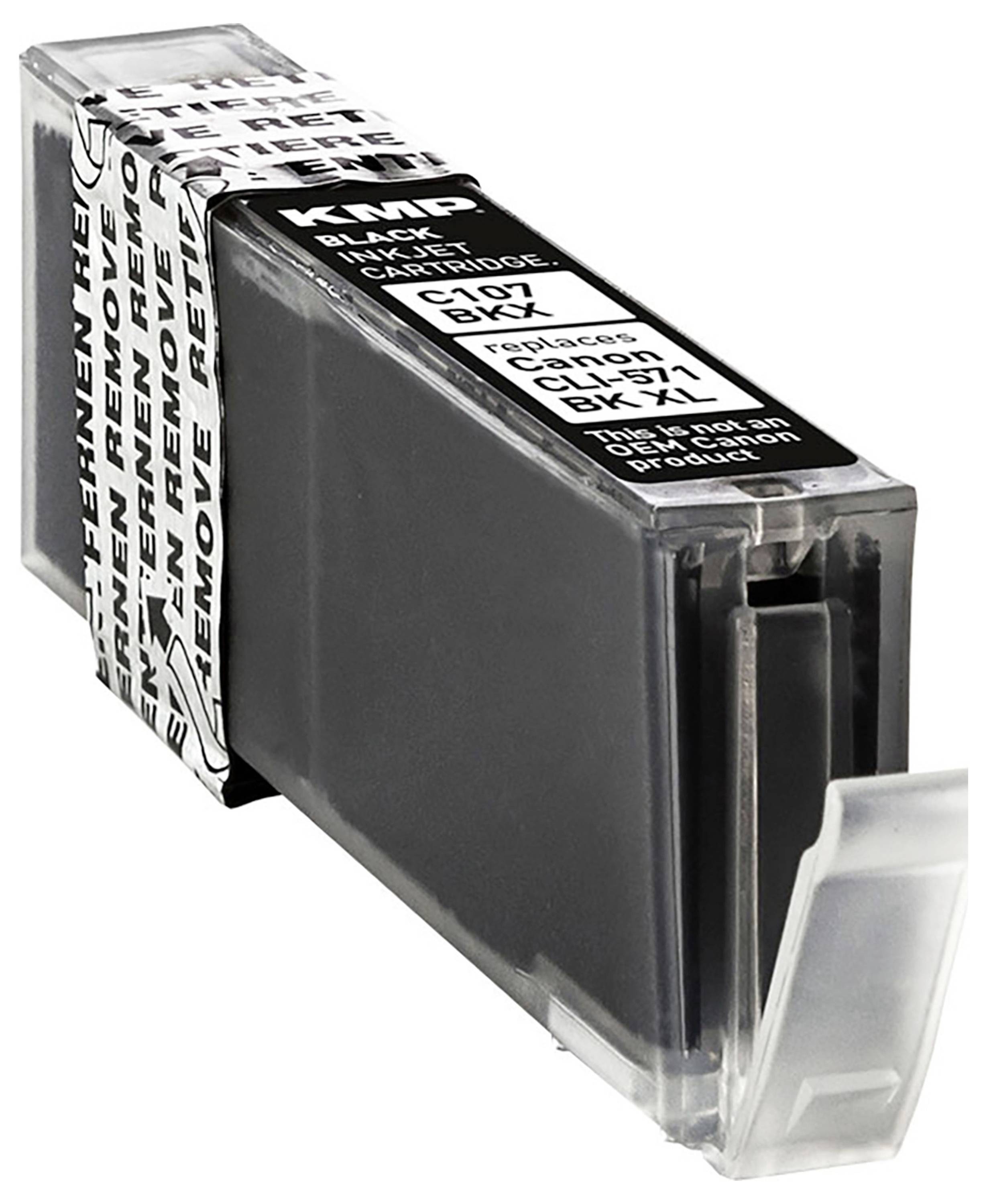 Schwarze Tintenpatrone für Canon-Drucker, Modell C107, von KMP. Die Patrone ist versiegelt und zeigt einen transparenten Abschnitt, in dem die Tinte sichtbar ist.