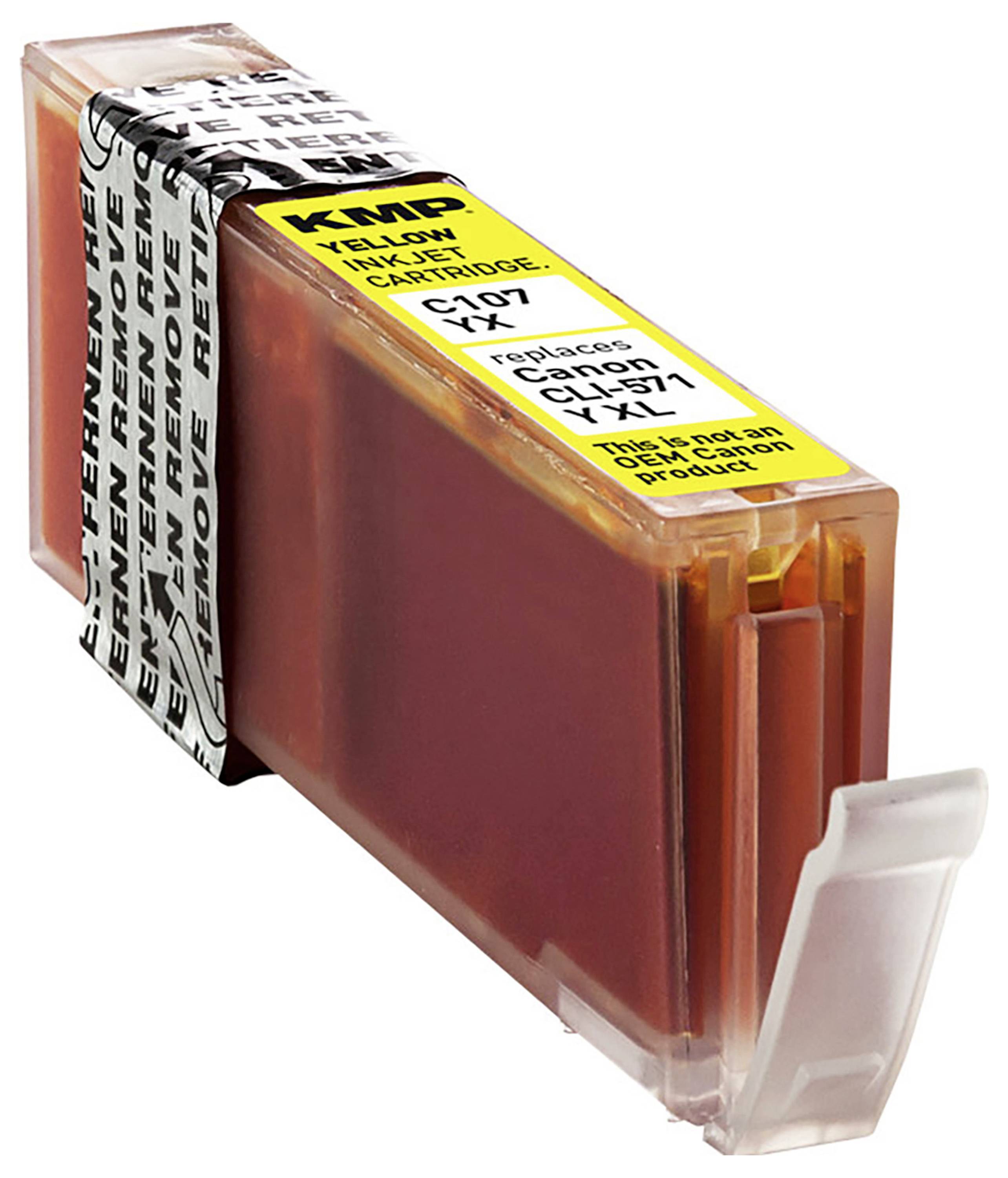 Tintenpatrone mit der Bezeichnung 'KMP C-107' und dem Hinweis 'ersetzt Canon CLI-571 Y', mit einem gelben Aufkleber auf der Oberseite mit Installations- und Austauschinformationen.