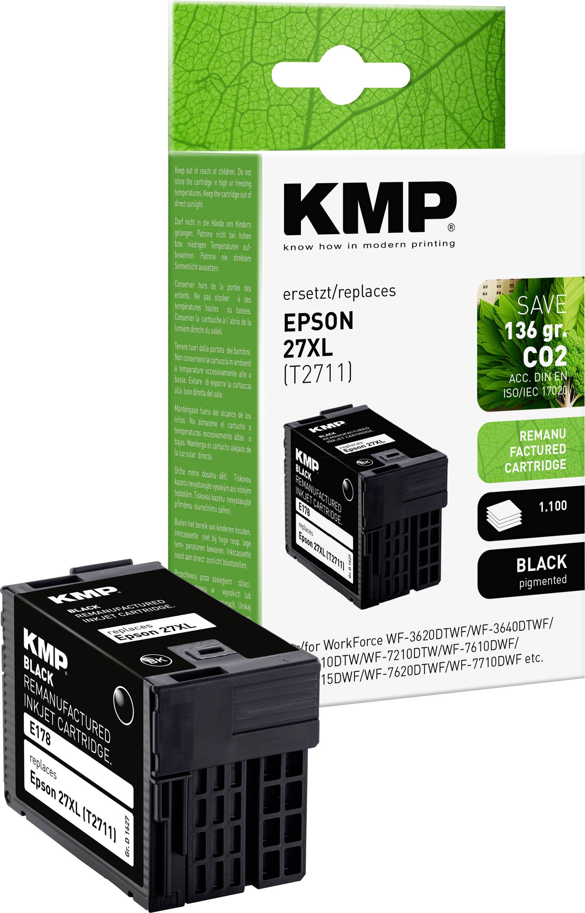 Druckerpatrone KMP 27XL (T2711) in Schwarz, kompatibel mit Epson Druckern, bewirbt Umweltvorteil durch CO2-Einsparung.