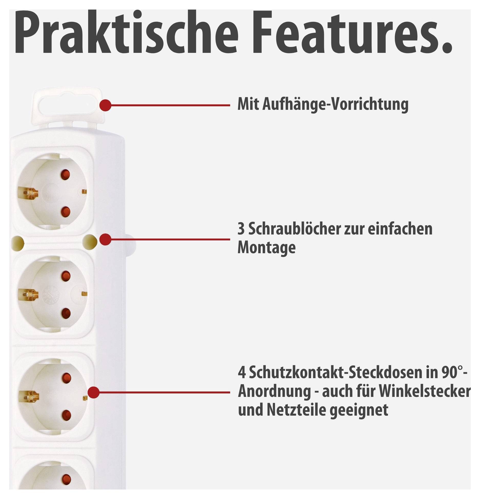 Infografik „Praktische Features“ einer Mehrfachsteckdose: Aufhänge-Vorrichtung, 3 Schraublöcher und 4 Schutzkontakt-Steckdosen in 90°-Anordnung für Winkelstecker und Netzteile.