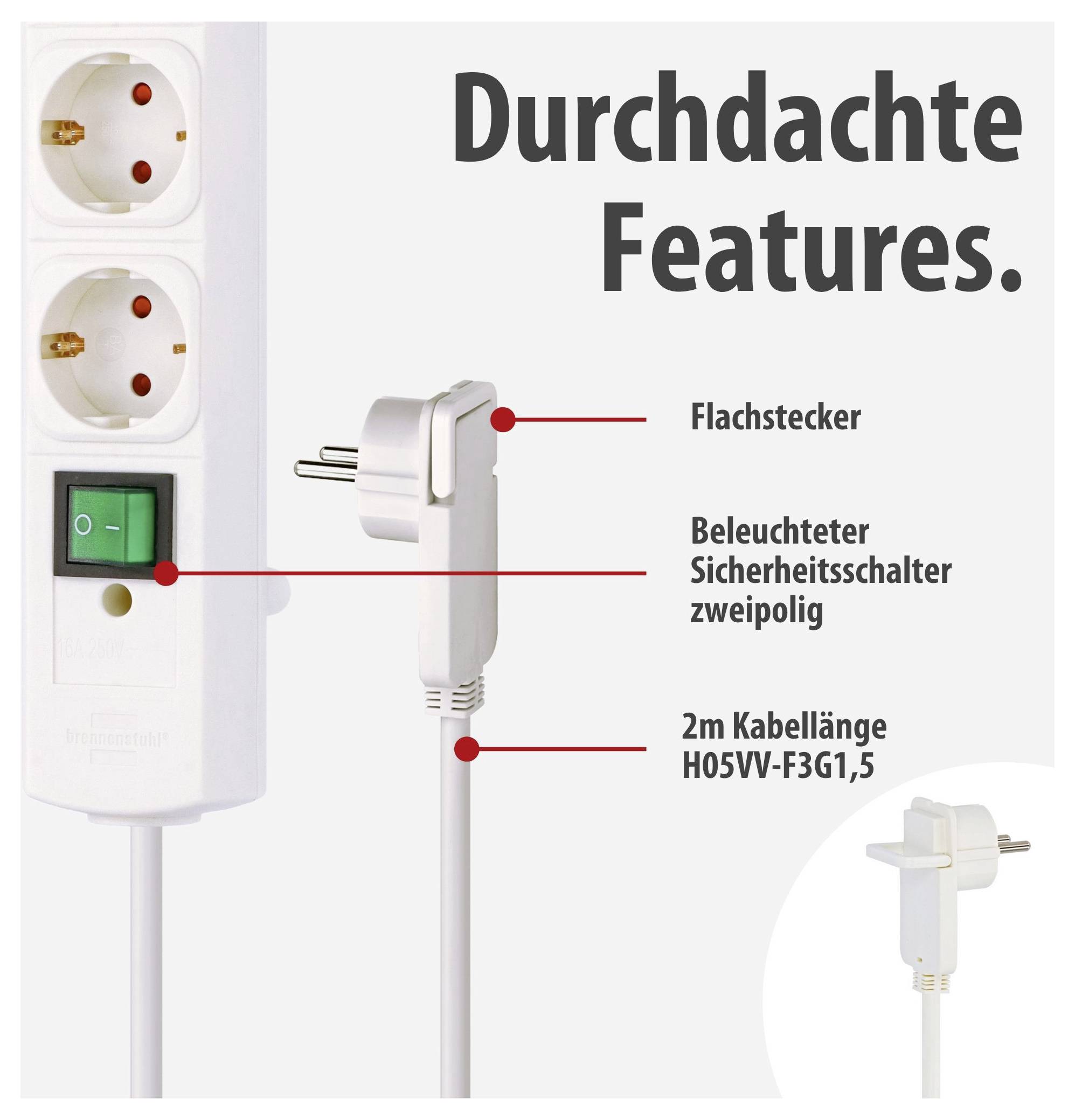 Produktbild einer weißen Steckdosenleiste mit Schalter und Eurostecker; hervorgehoben sind Flachstecker, beleuchteter Sicherheitsschalter und 2 m Kabellänge.