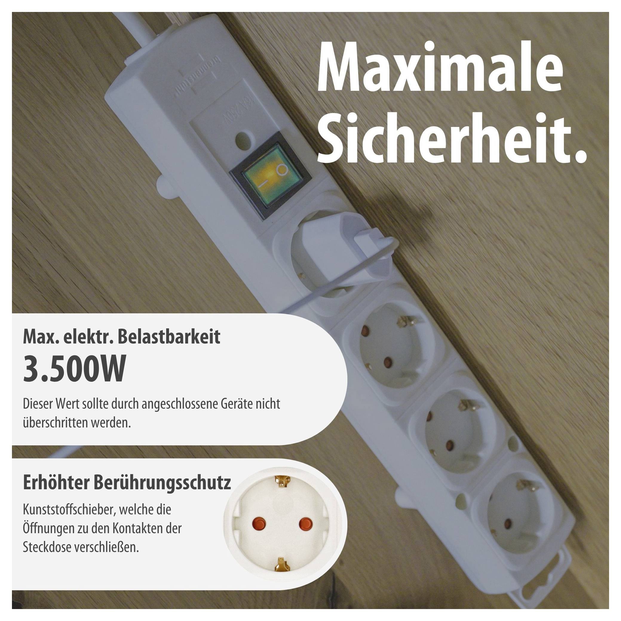 Werbebild einer Steckdosenleiste mit Schalter: 'Maximale Sicherheit', max. elektrische Belastbarkeit 3.500 W und erhöhter Berührungsschutz.