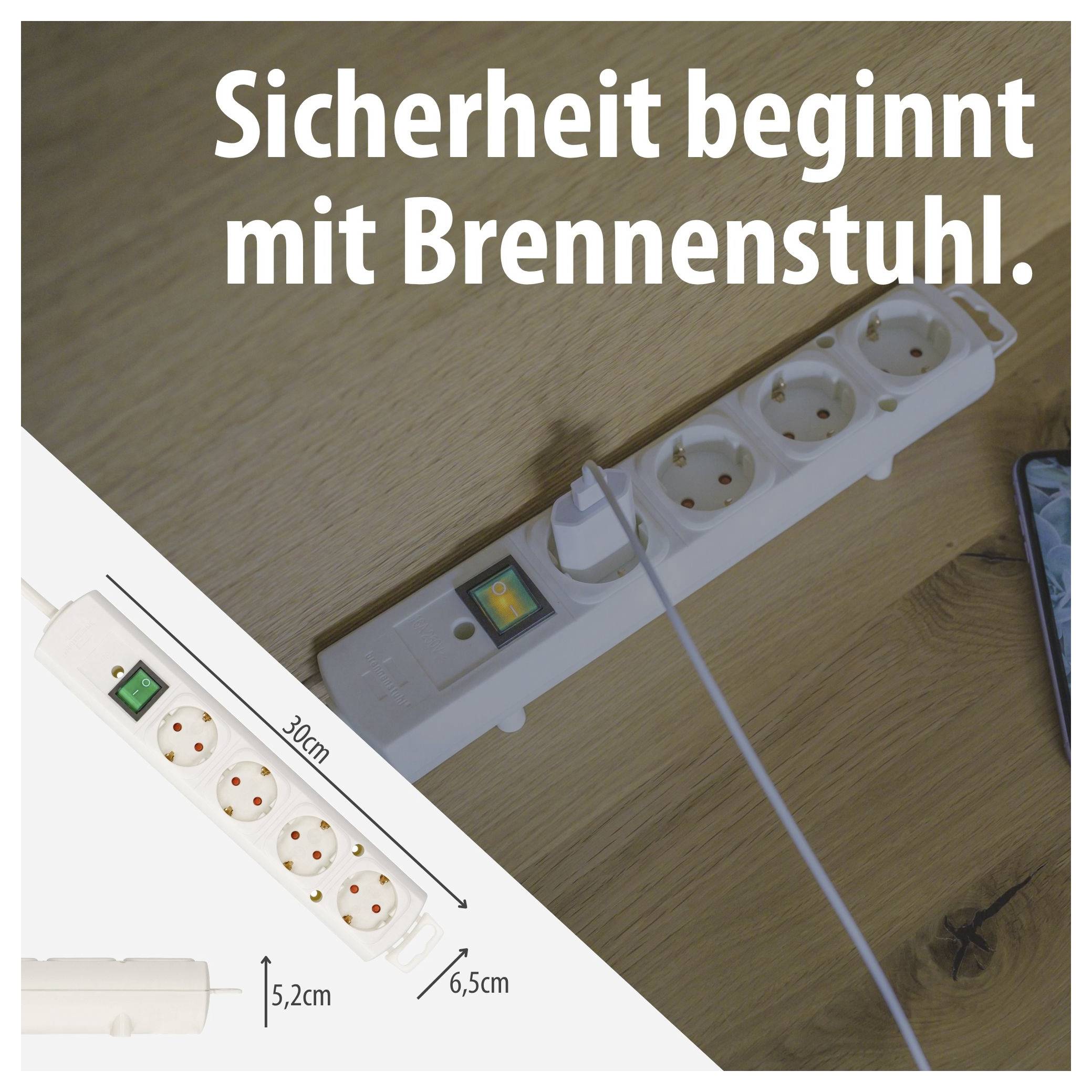 Werbeabbildung: Steckdosenleiste mit Schalter und Maßangaben; Text 'Sicherheit beginnt mit Brennenstuhl.'