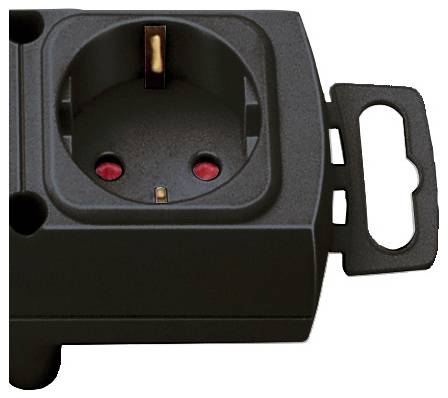 Schwarzer elektrischer Wandsteckdosenadapter mit geerdetem Anschluss und seitlicher Befestigungslasche, auf weißem Hintergrund dargestellt.