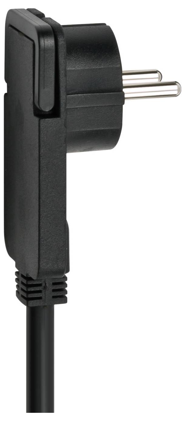 Schwarzer Stromstecker mit rechtem Winkel und zwei runden Metallstiften, die an einem Kabel befestigt sind