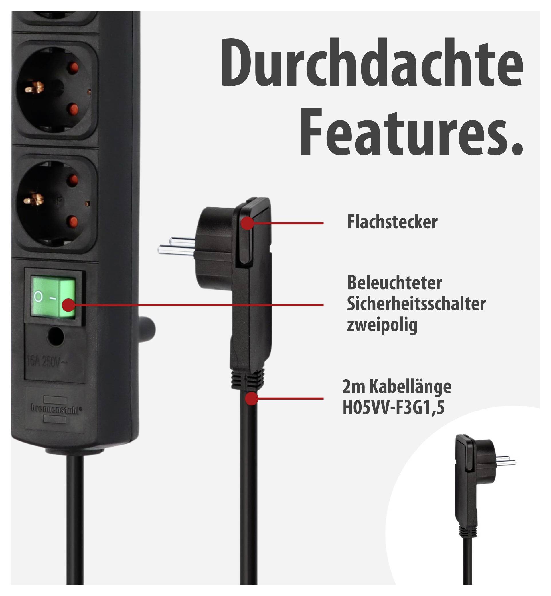 Werbeabbildung einer Steckdosenleiste mit beleuchtetem zweipoligem Sicherheitsschalter, Flachstecker und 2 m Kabel; Überschrift 'Durchdachte Features.'
