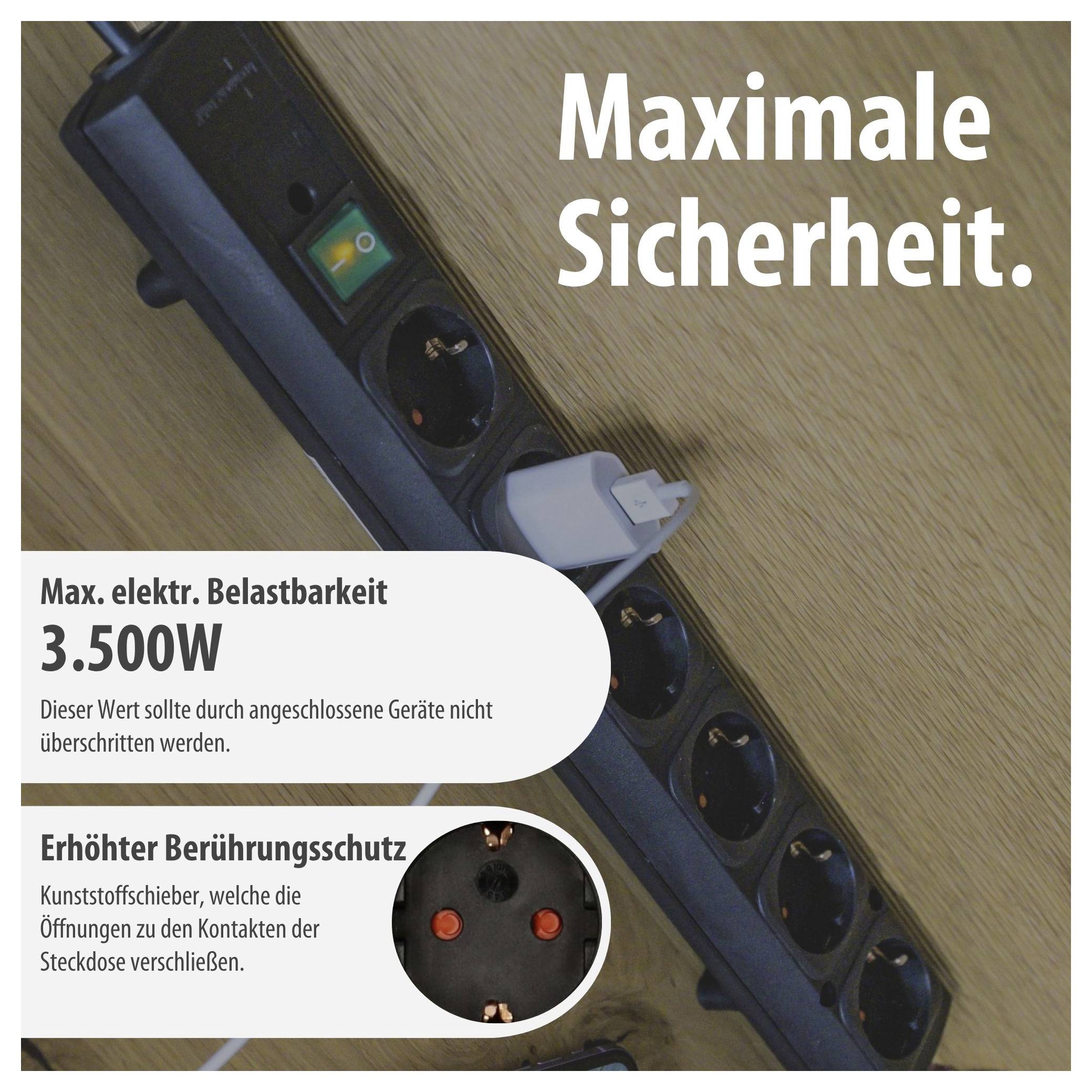 Steckdosenleiste mit Text 'Maximale Sicherheit.'; nennt 3.500 W maximale elektrische Belastbarkeit und erhöhten Berührungsschutz durch Kunststoffschieber.
