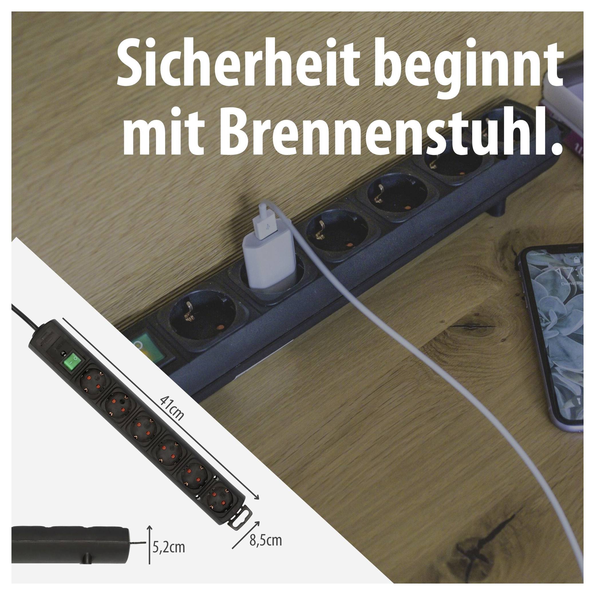 Steckdosenleiste mit eingestecktem Ladegerät und Smartphone; eingeblendeter Hinweis: 'Sicherheit beginnt mit Brennenstuhl.'