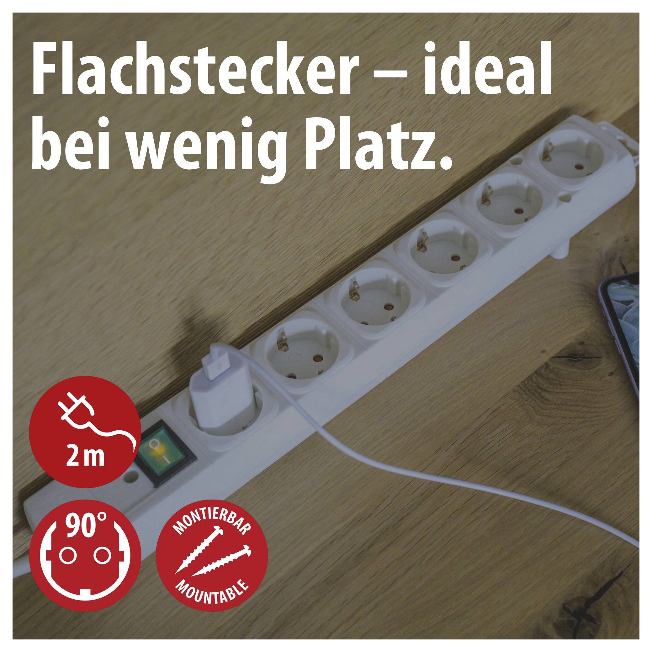 Werbebild einer Steckdosenleiste mit flachen Steckern; Text: 'Flachstecker – ideal bei wenig Platz.', Symbole für 2 m Kabel und 90°-Stecker, montierbar.