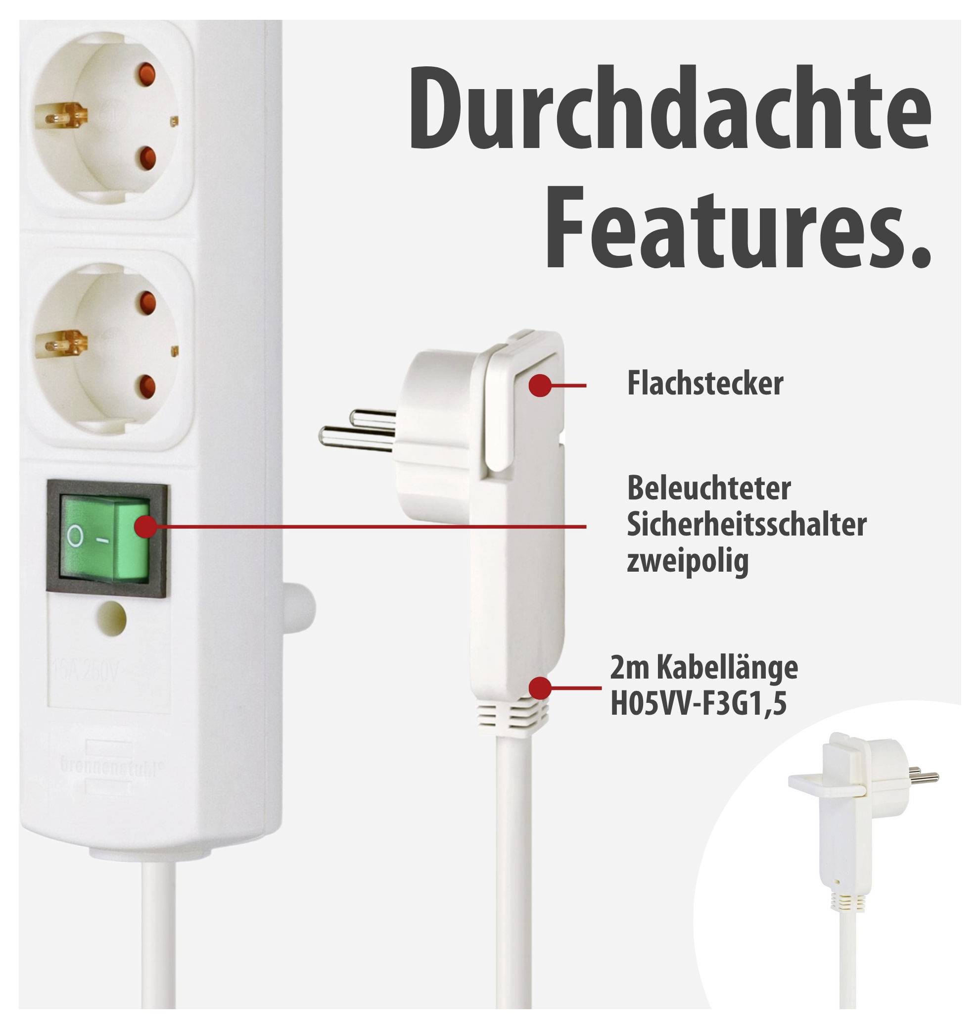 Produktfoto einer Mehrfachsteckdose mit beleuchtetem zweipoligem Sicherheitsschalter, Flachstecker und 2 m Kabel; Überschrift 'Durchdachte Features.'