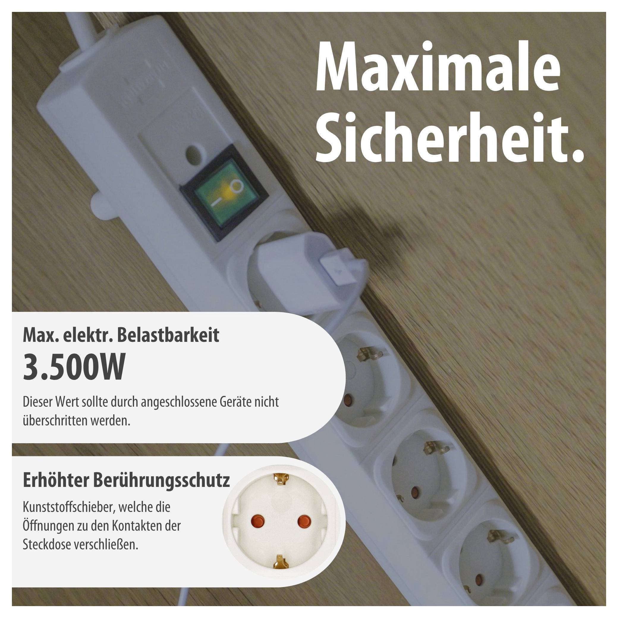 Werbebild einer Steckdosenleiste mit dem Text 'Maximale Sicherheit.'; nennt 3.500 W max. Belastbarkeit und erhöhten Berührungsschutz durch Kunststoffschieber.