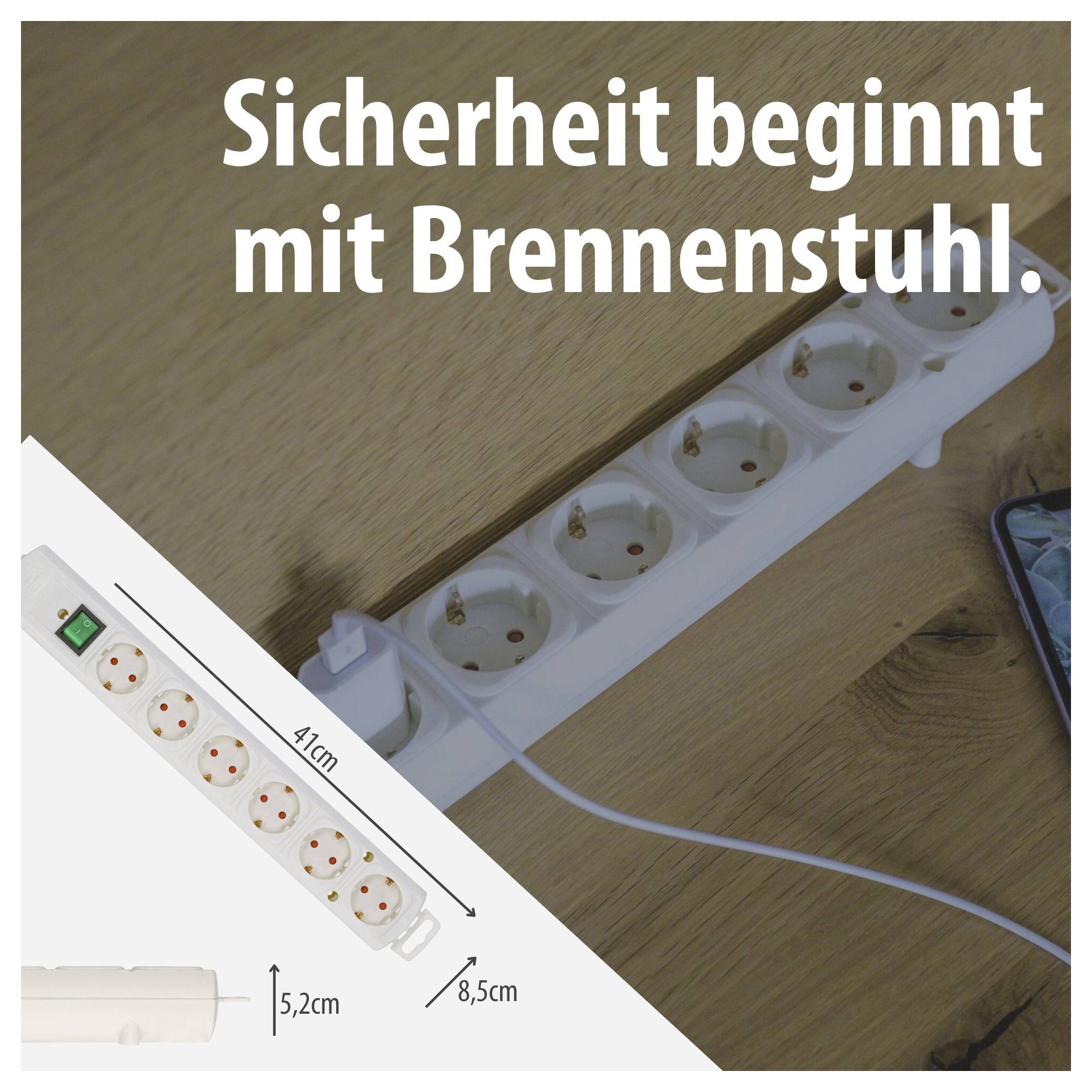 Weiße Steckdosenleiste auf Holztisch mit Text 'Sicherheit beginnt mit Brennenstuhl.'; eingeblendete Maßangaben 41 cm, 5,2 cm und 8,5 cm.
