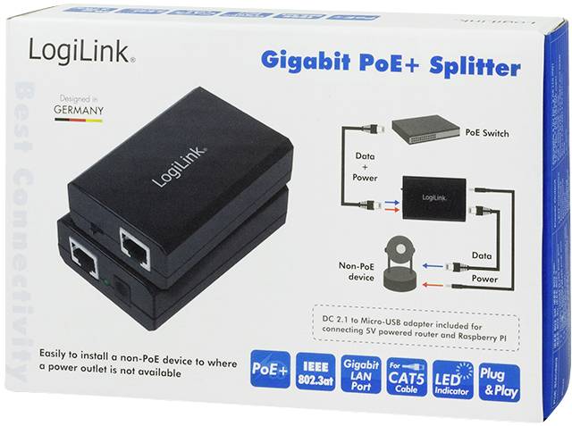 LogiLink PoE Splitter 1 GBit/s IEEE 802.3af (12.95 W), IEEE 802.3at (25.5 W)