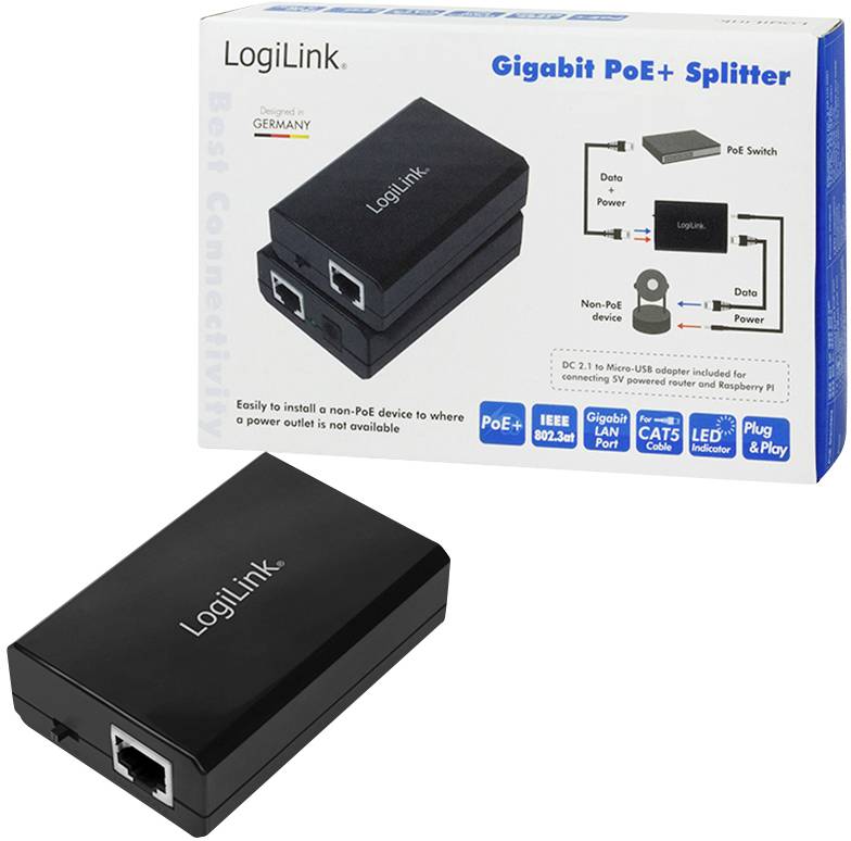LogiLink PoE Splitter 1 GBit/s IEEE 802.3af (12.95 W), IEEE 802.3at (25.5 W)