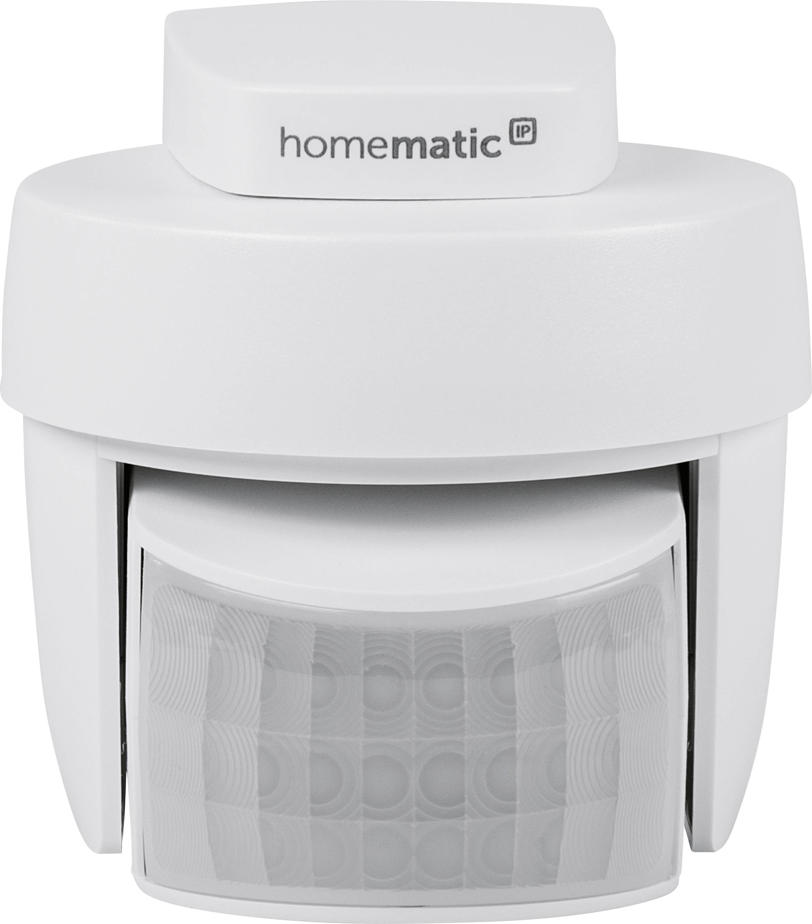 Weißer Homematic IP Bewegungsmelder mit PIR-Linse, Vorderansicht auf einfachem Hintergrund.