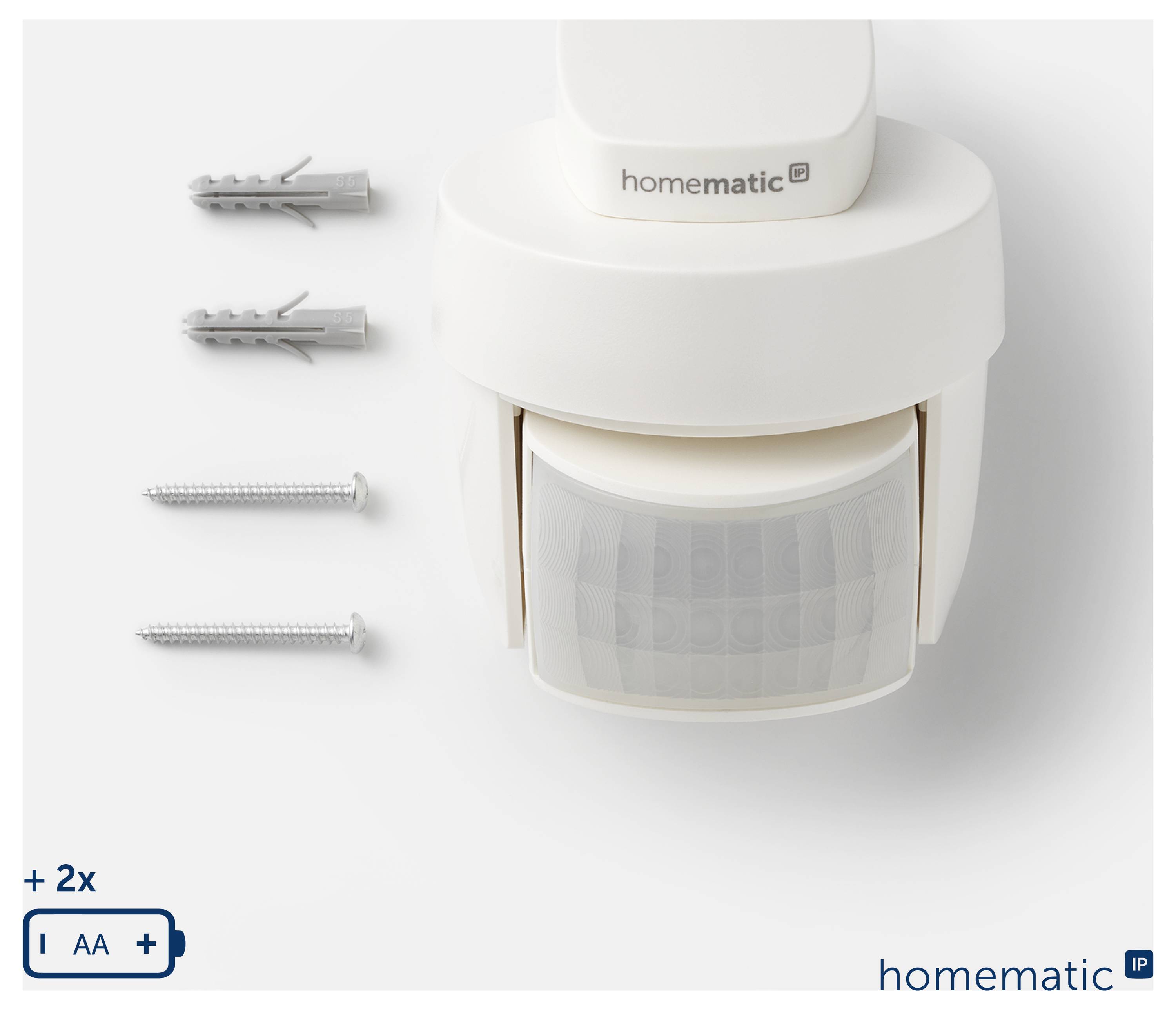 Homematic Wandmontierter Bewegungsmelder mit zwei Wandsteckern und zwei Schrauben daneben dargestellt, was auf die Installationshardware hindeutet.