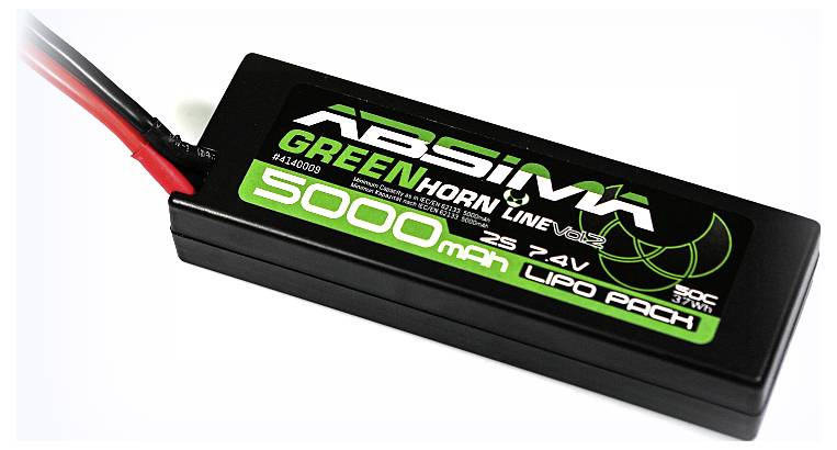 Lithium-Polymer-Akku der Marke Absima mit 5000 mAh Kapazität und 7,4 V Spannung. Geeignet für ferngesteuerte Modelle.