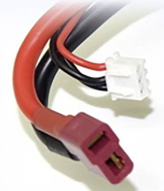 Rote und schwarze Kabel mit roten und weißen Steckverbindern, möglicherweise für elektronische oder elektrische Geräte.