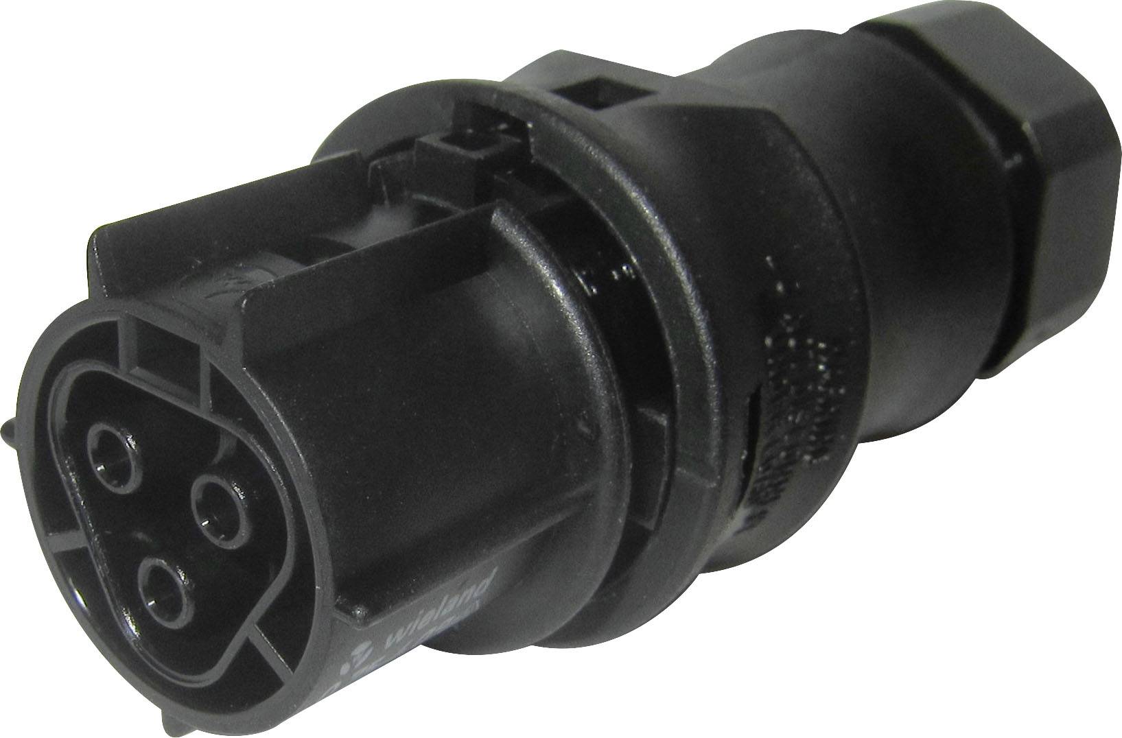 Ein schwarzer, zylindrischer Steckverbinder mit mehreren Stiften, zum Anschließen elektrischer Geräte oder Kabel geeignet.