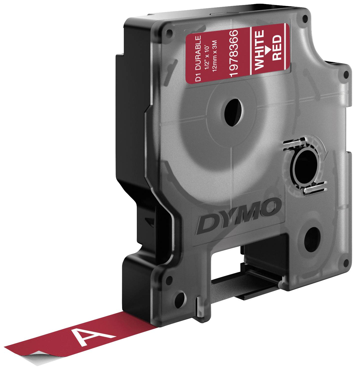 Etikettenbandkassette der Marke Dymo, Typ D1 Durable, mit einem roten Band für weiße Beschriftung.