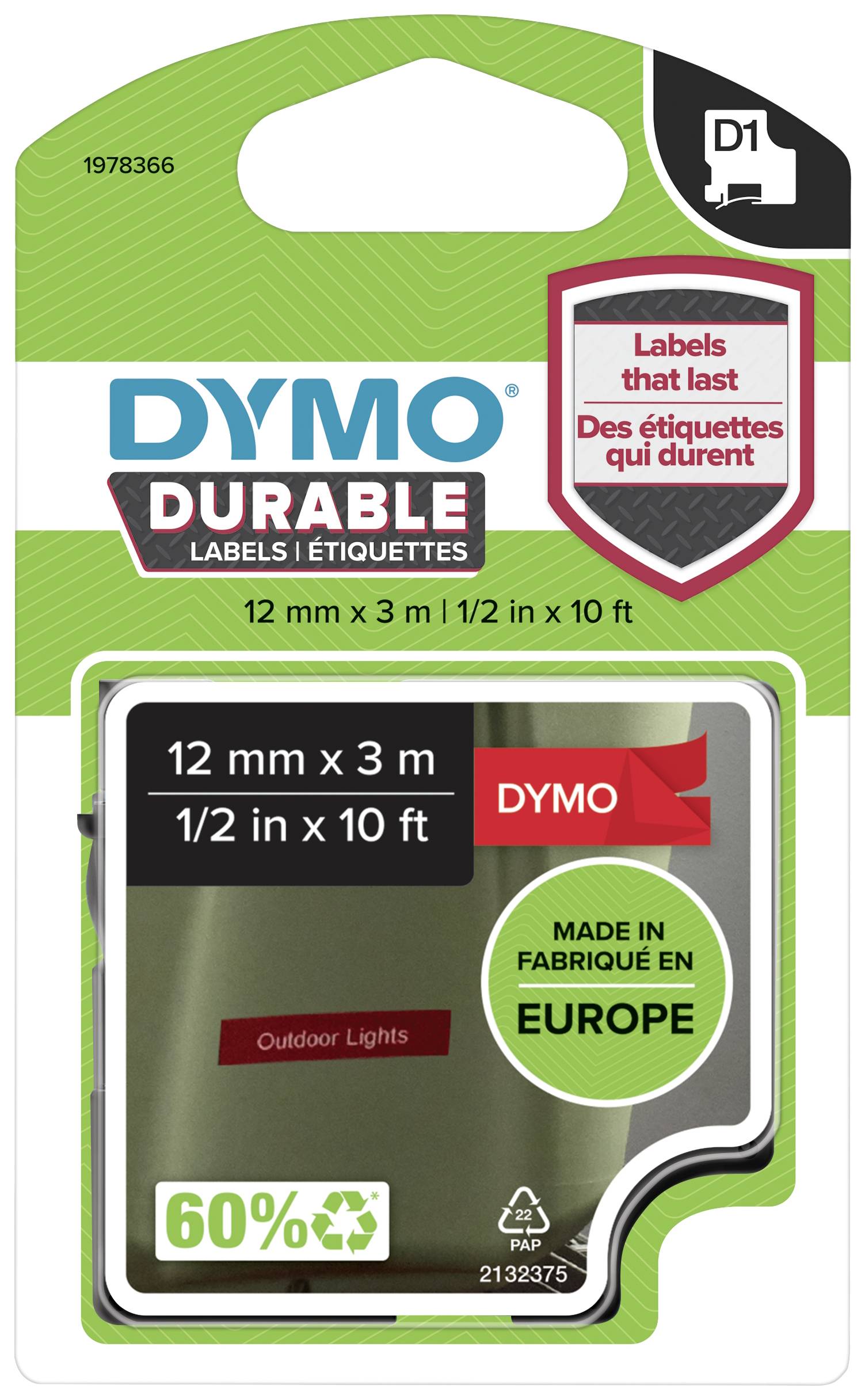 Etikettenverpackung mit der Aufschrift 'DYMO DURABLE', Maße '12 mm x 3 m', Hinweis 'Hergestellt in Europa', geeignet für 'Outdoor Lights'.