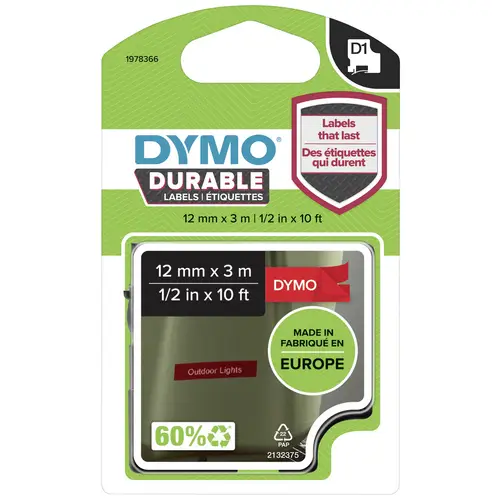 DYMO Schriftband D1 1978366 Vinyl Bandfarbe: Rot Schriftfarbe:Weiß 12mm 3m DYMO Schriftband D1 1978366 Vinyl Bandfarbe: Rot Schriftfarbe:Weiß 12mm 3m