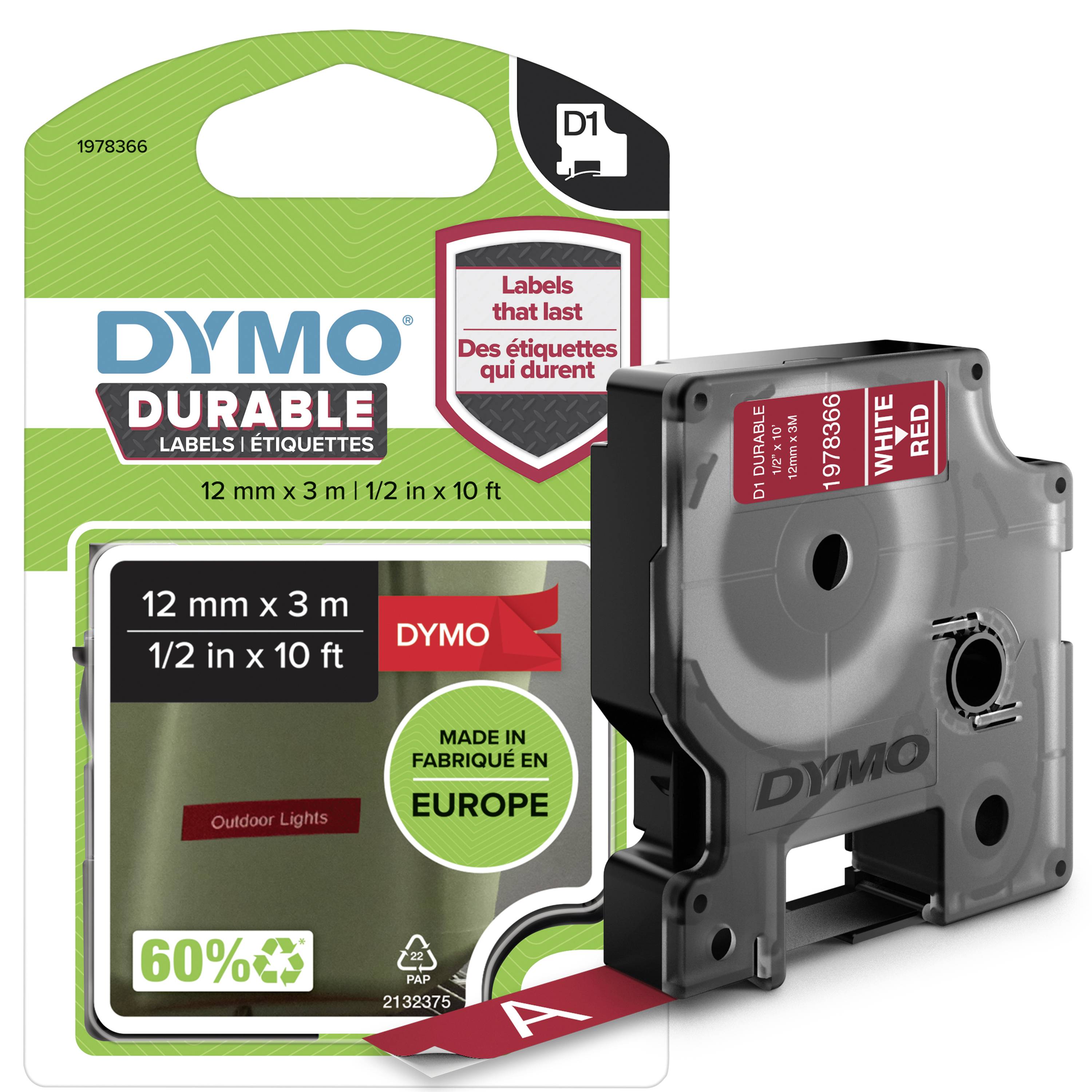 Beschreibung der Dymo Etikettenkassette 'Durable', 12 mm x 3 m, geeignet für den Außenbereich. Verpackung zeigt Produktinformationen.