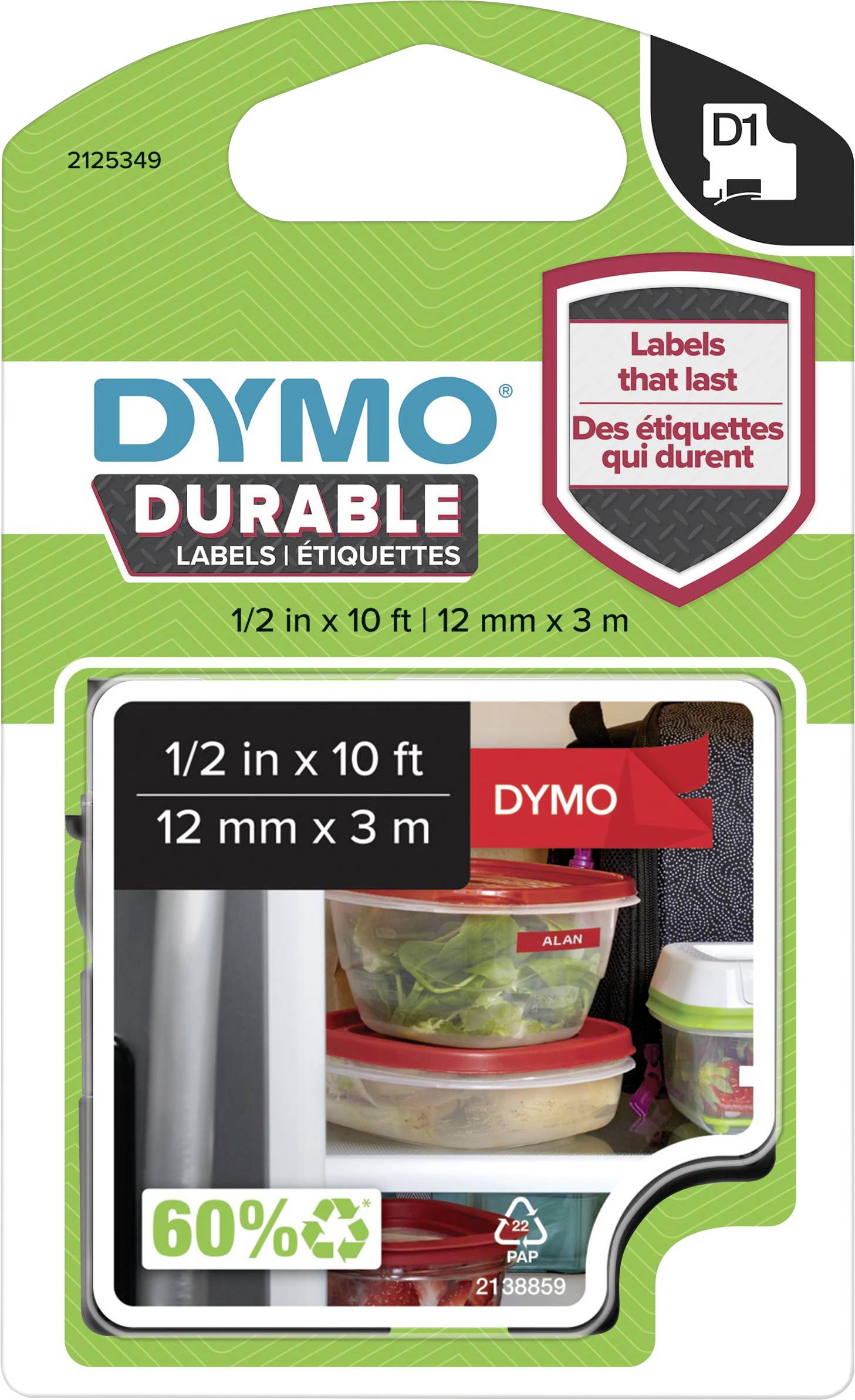 'DYMO Durable Labels' Verpackung. Enthält 1/2 Zoll x 10 Fuß Bandkassette. Abgebildet sind beschriftete Behälter. Labels sind langlebig.