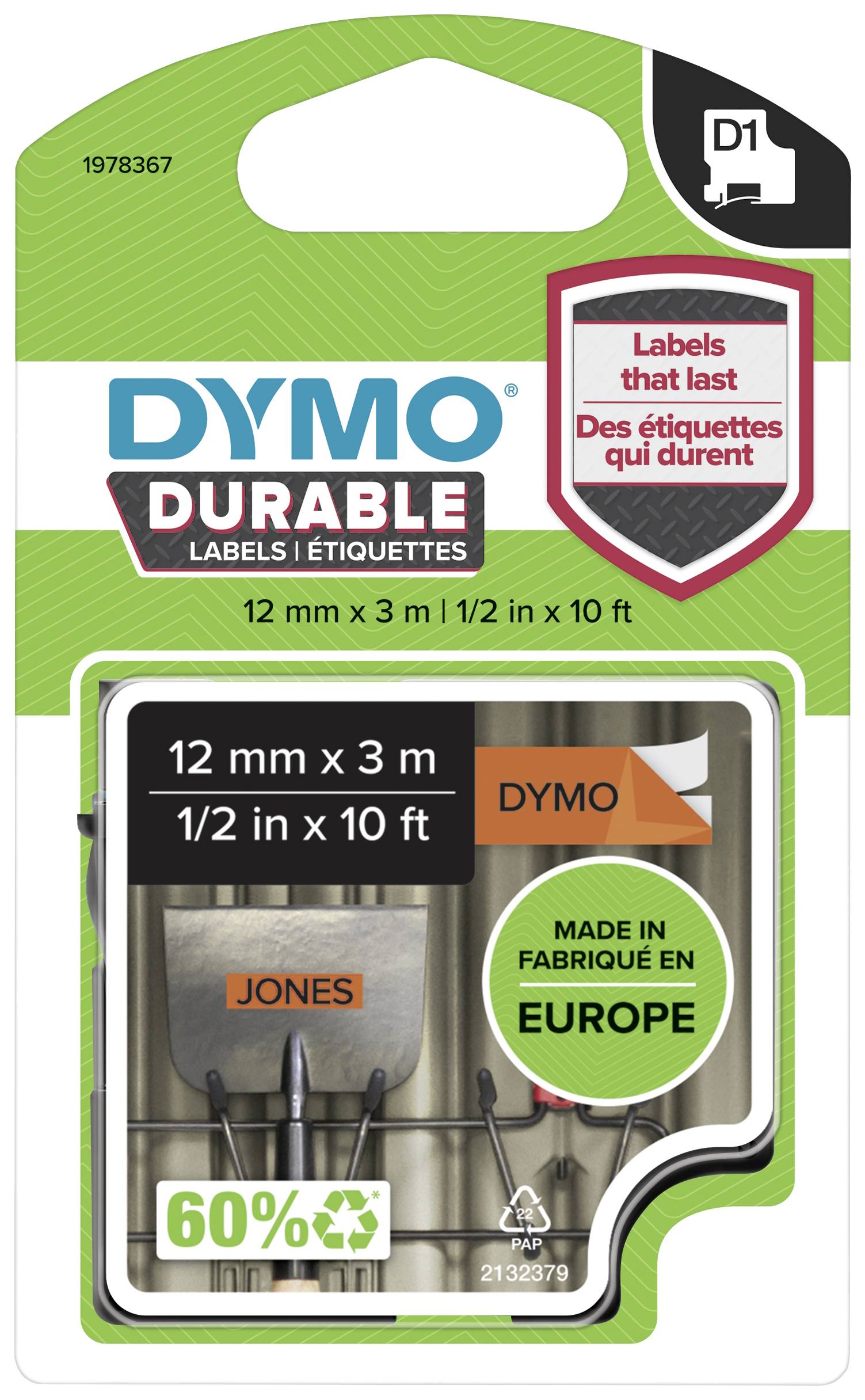 DYMO Schriftband D1 1978367 Vinyl Bandfarbe: Orange Schriftfarbe:Schwarz 12mm 3m