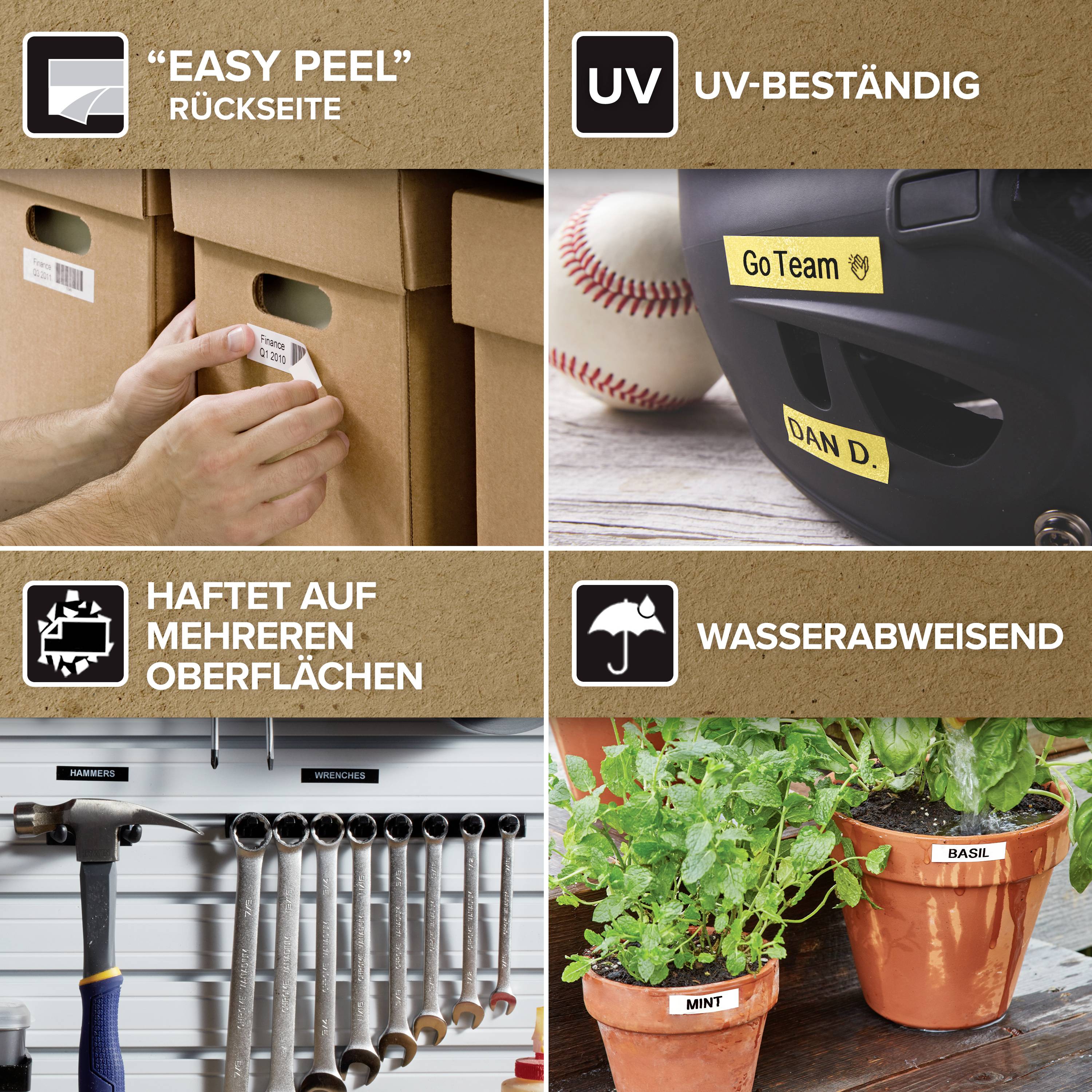 Etiketten mit leicht ablösbarer Rückseite, UV-beständig, haften auf rauen Oberflächen, wasserabweisend für Innen- und Außeneinsatz.