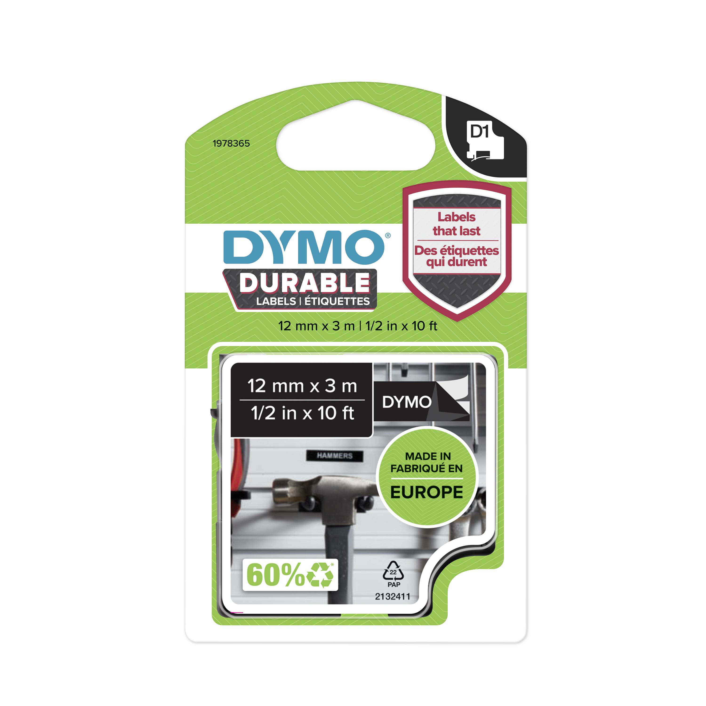 Eine DYMO Durable Etikettenverpackung zeigt die Größe 12 mm x 3 m. Etiketten sind langlebig und in Europa hergestellt.