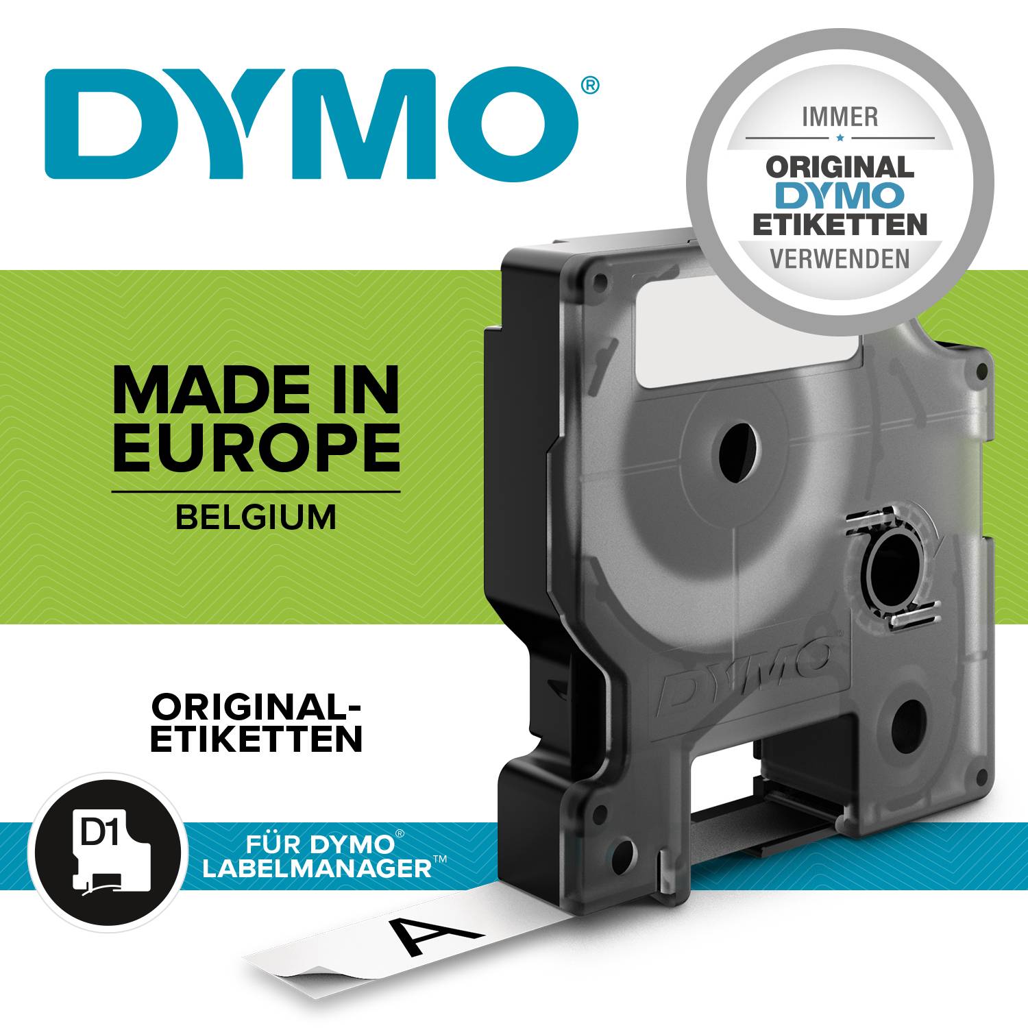 'DYMO'-Etikettenspender, 'Made in Europe', betont Qualität. Hinweis zur Verwendung nur originaler DYMO-Etiketten für beste Ergebnisse.