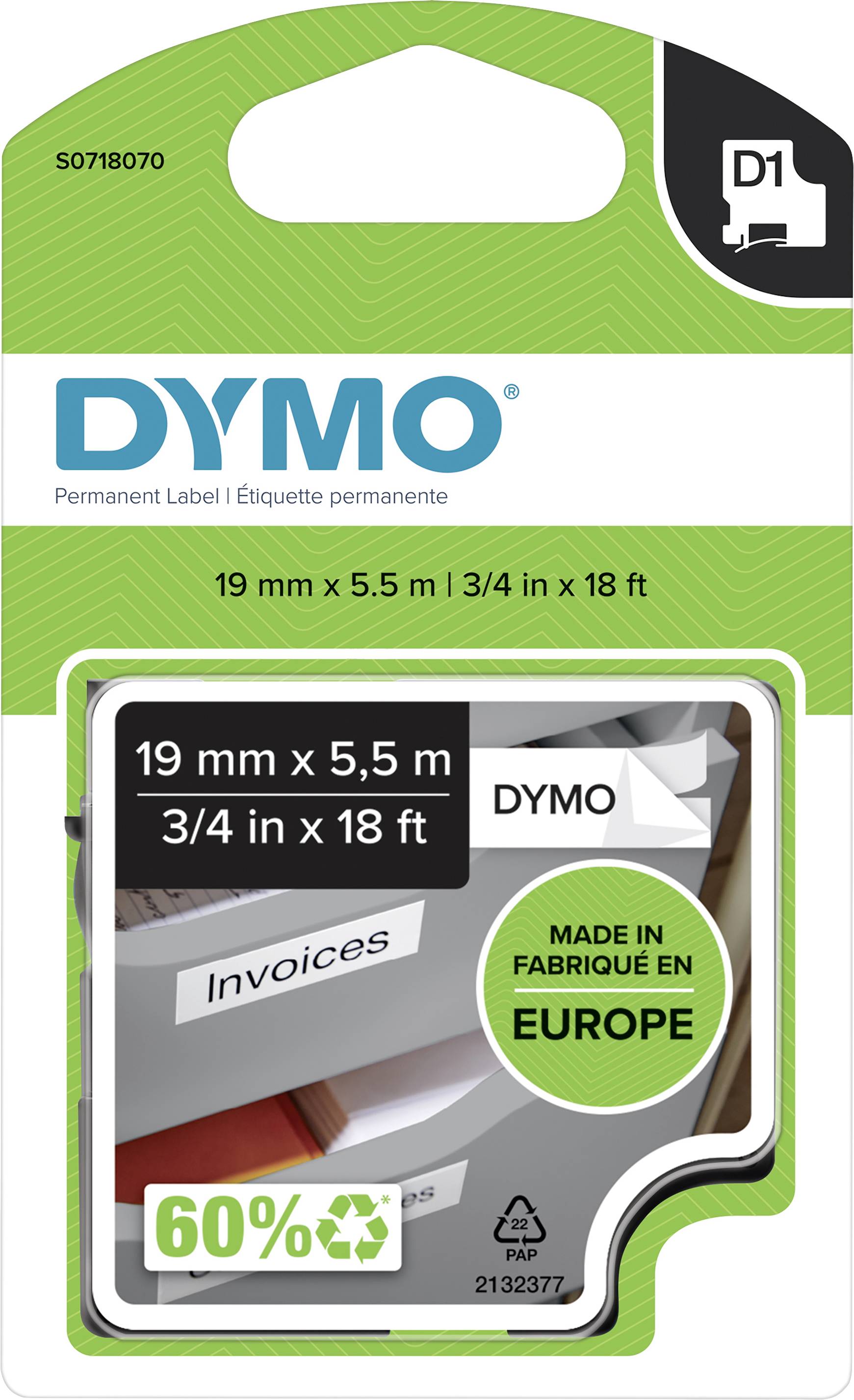 'DYMO' Etikettenpackung mit Abmessungen 19 mm x 5,5 m. Text: 'Invoices', 'Made in Fabrique en Europe', '60% recyclebar'.
