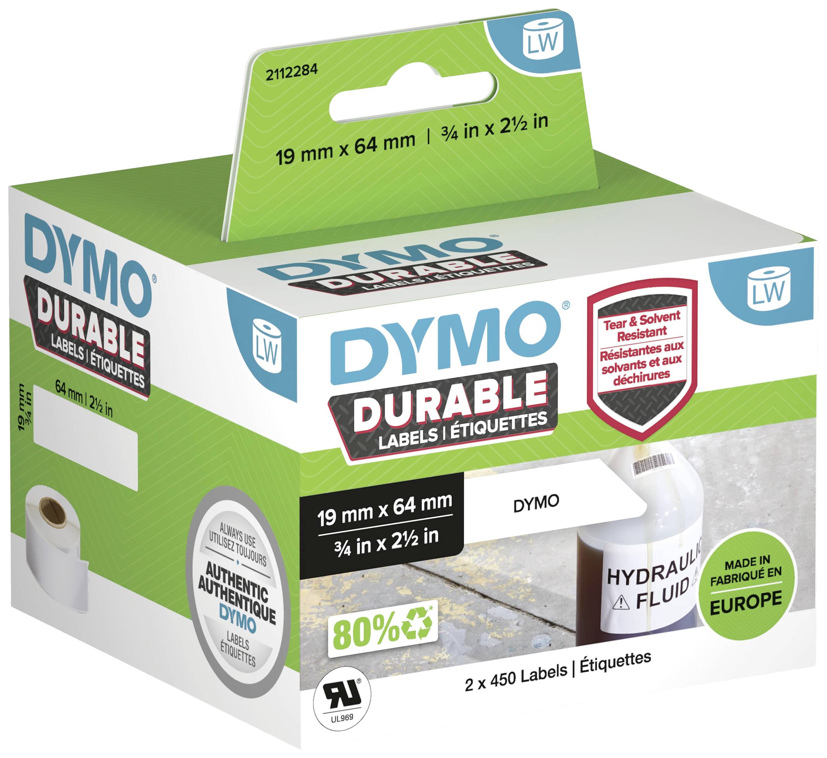 Verpackung von DYMO Durable Labels, 19 mm x 64 mm, 450 Etiketten pro Rolle, resistent gegen Abrieb, Wasser und Reißfestigkeit.