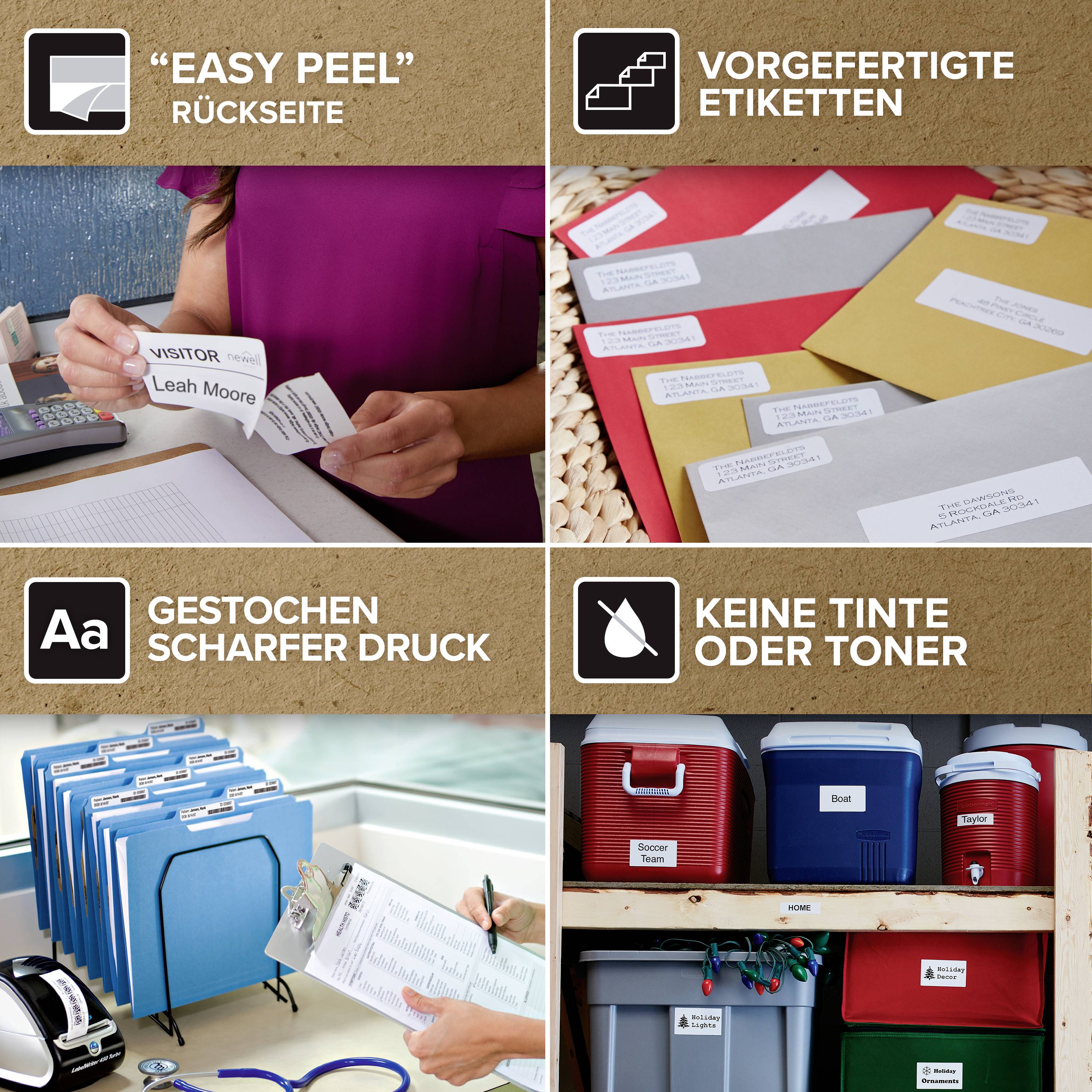 Eine Person verwendet eine 'Easy Peel'-Rückseite für Etiketten. Andere Bilder zeigen vorgedruckte Etiketten, Ordner und Aufbewahrungsboxen.