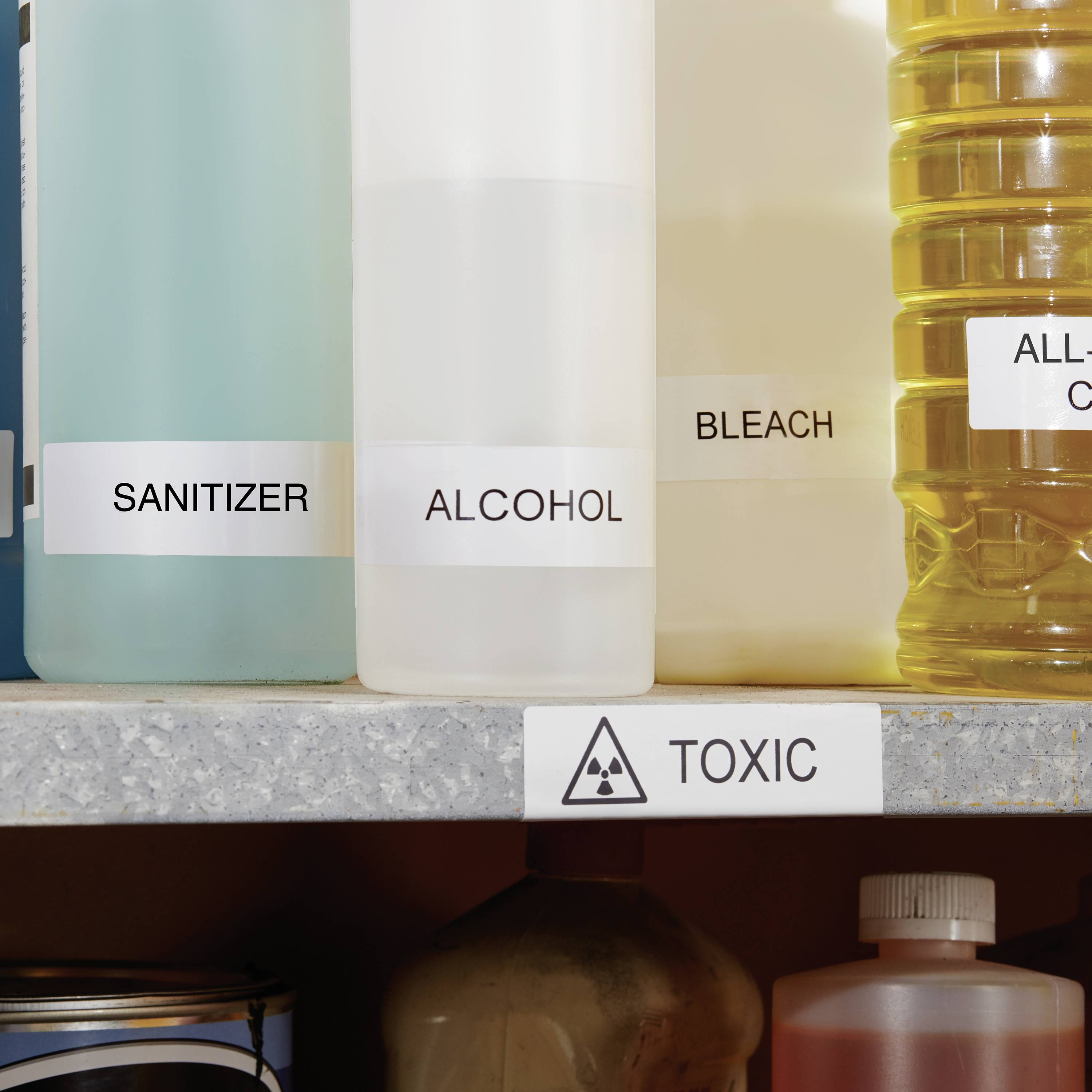 Regalbrett mit Flaschen, etikettiert als 'Sanitizer', 'Alcohol', 'Bleach'. Unten ein Warnschild mit der Aufschrift 'Toxic'.