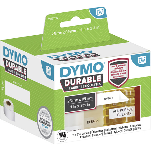 DYMO 2112285 Etiketten Rolle 89 x 25mm Polypropylen-Folie Weiß 700 St. Permanent haftend Universal-Etiketten, Adress-Etiketten