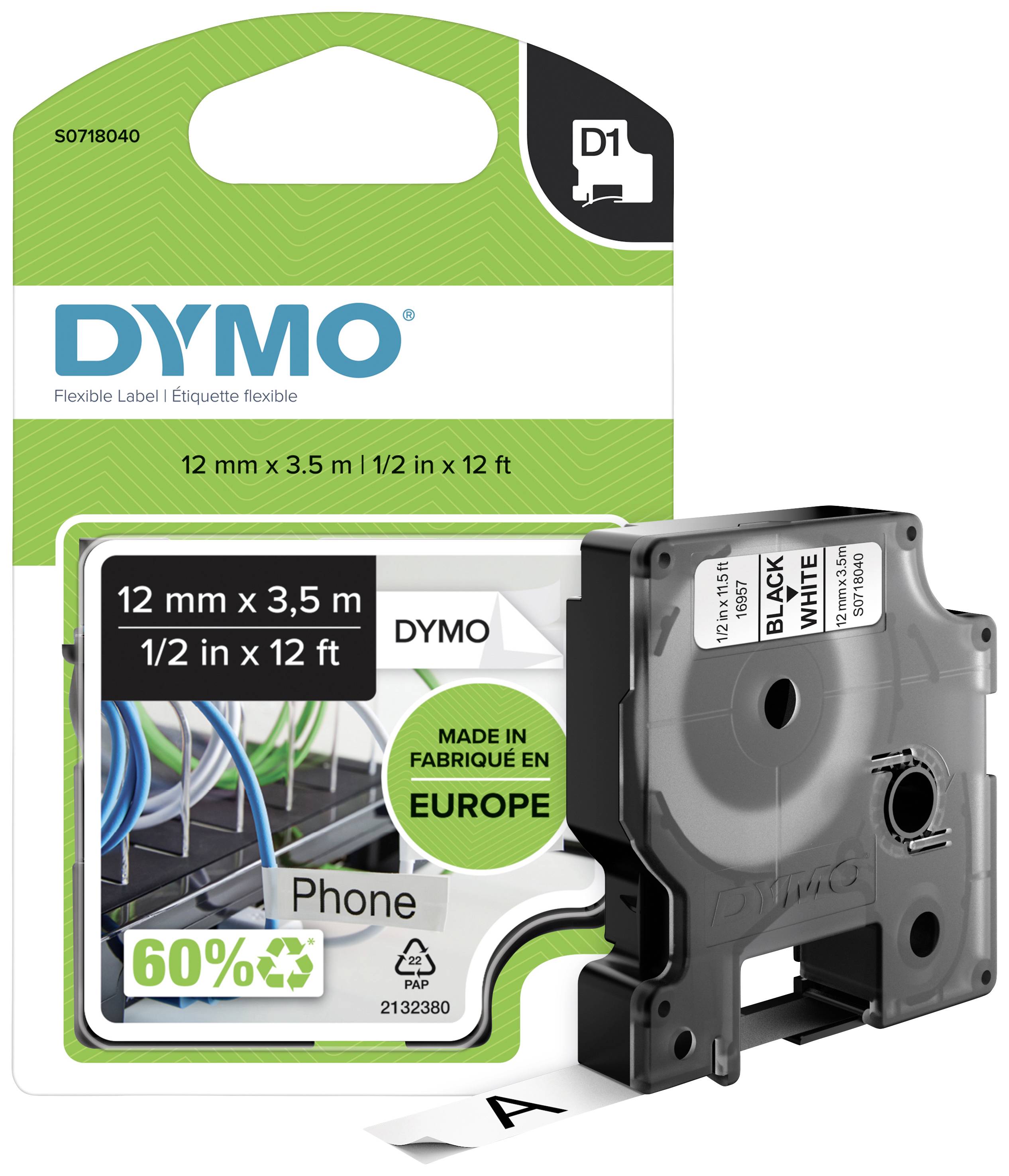 Drucker-Etikettenkassette von DYMO, 12 mm x 3,5 m, schwarz auf weiß, für Telefone. Verpackung zeigt Kassette und 'MADE IN EUROPE'.