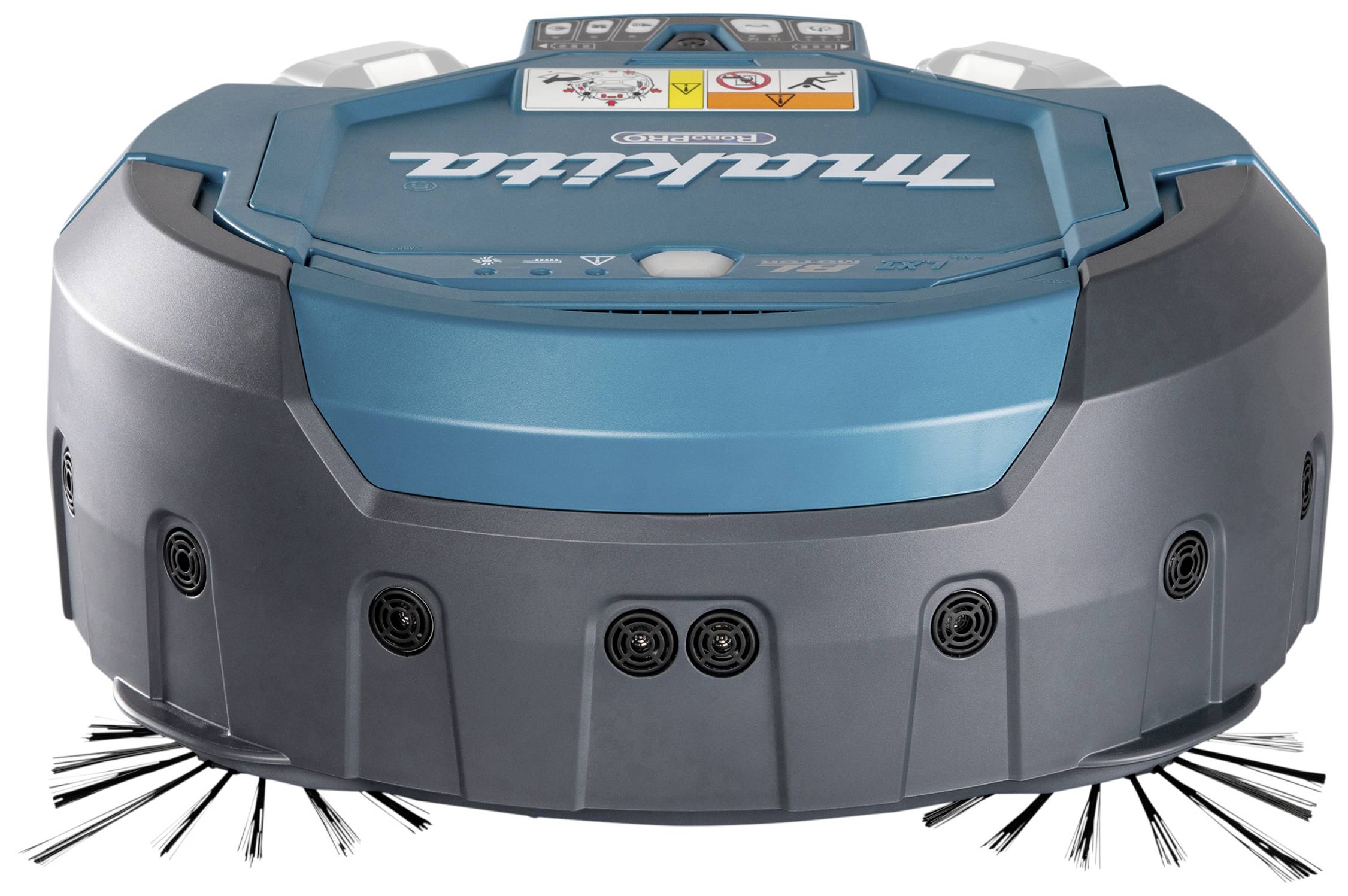 Ein runder, blauer Roboter-Staubsauger auf weißem Hintergrund. Die Aufschrift auf der Oberseite lautet 'Makita'. Links und rechts sind Bürsten zu sehen.