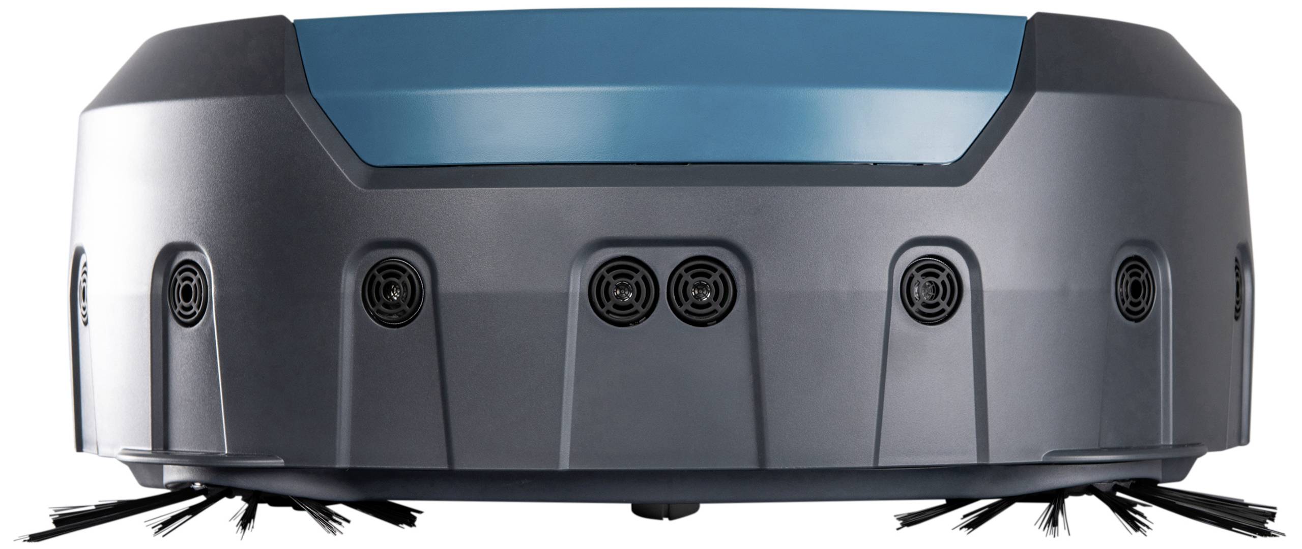 Ein runder, elektrisch betriebener Roboter-Staubsauger mit mehreren Bürsten. Entwickelt zur automatischen Bodenreinigung.