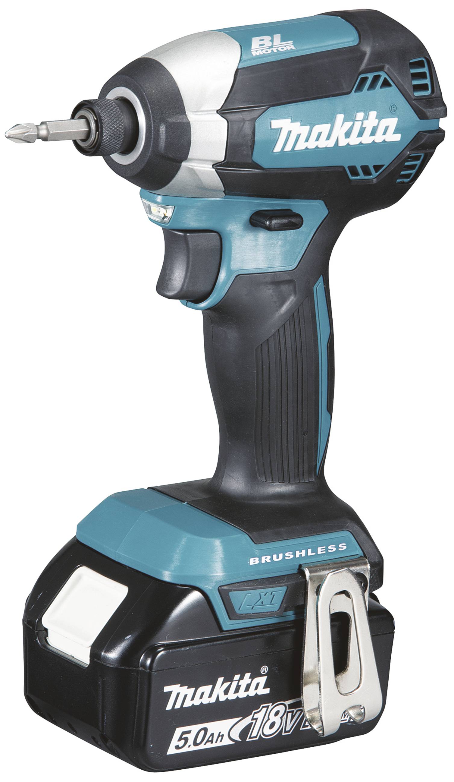 Akku-Schlagschrauber von Makita mit blauer und schwarzer Farbgebung, einem 18V 5.0Ah Akku und bürstenlosem Motor.